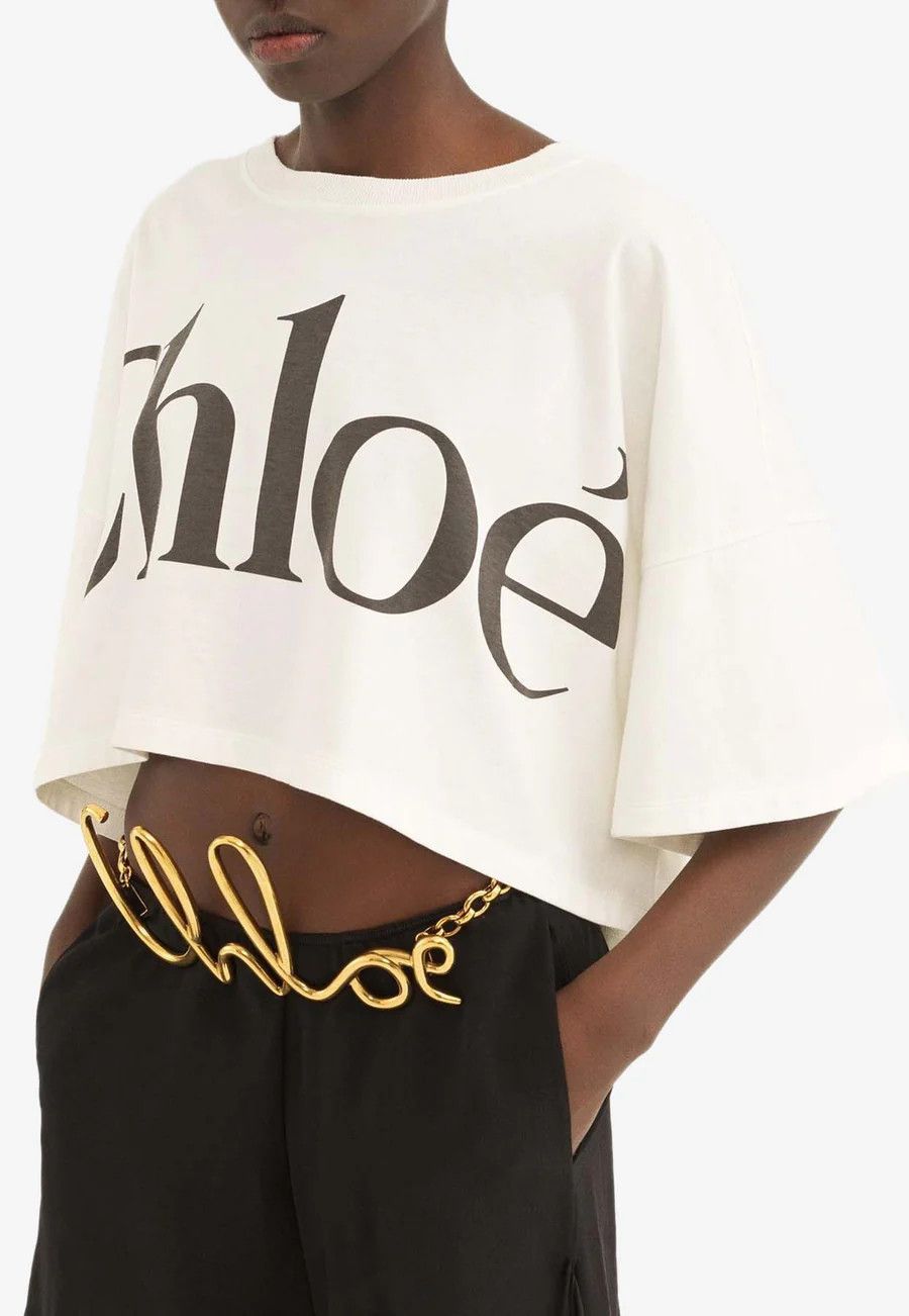 Chloe o1loc1c10226 Cropped Boxy Logo T-Shirt in White Size L / US 10 / IT 46 - 2 Thumbnail