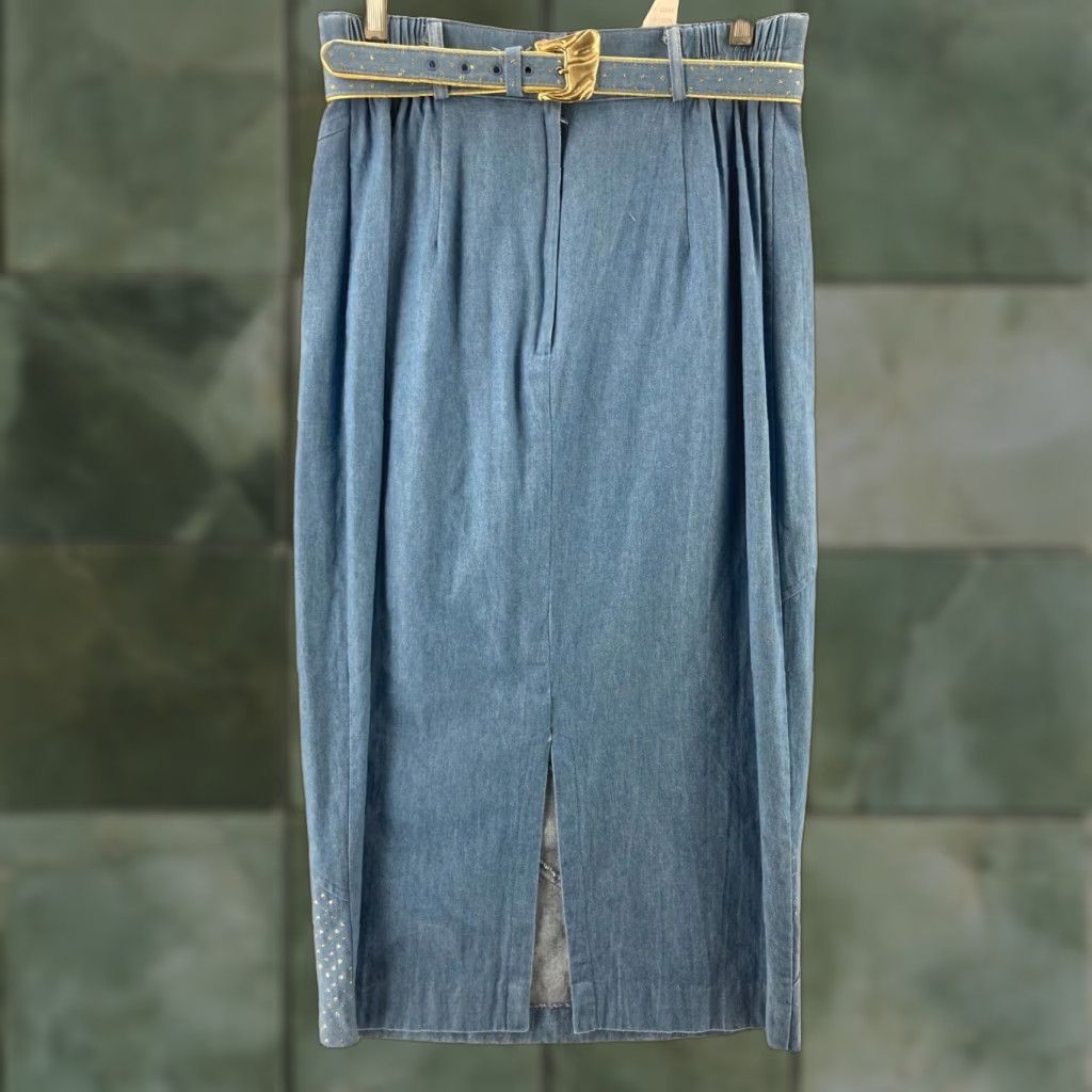Vintage VINTAGE City Girl Skirt Womens 10 USA Made Belted Elastic Waist A-Line Long Blue 80s 90s Womens Clothing Size 32" / US 10 / IT 46 - 1 Thumbnail
