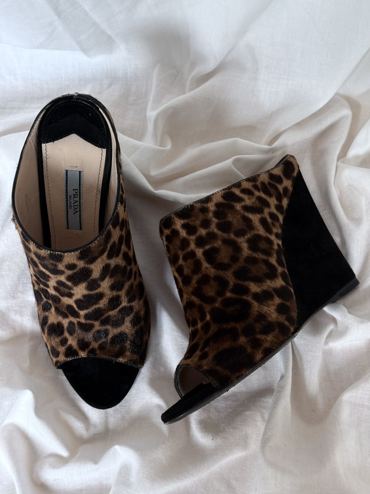 Prada Prada Leopard Print Pony Hair Open-Toe Mules on Wedges Size US 5 / IT 35 - 1 Thumbnail