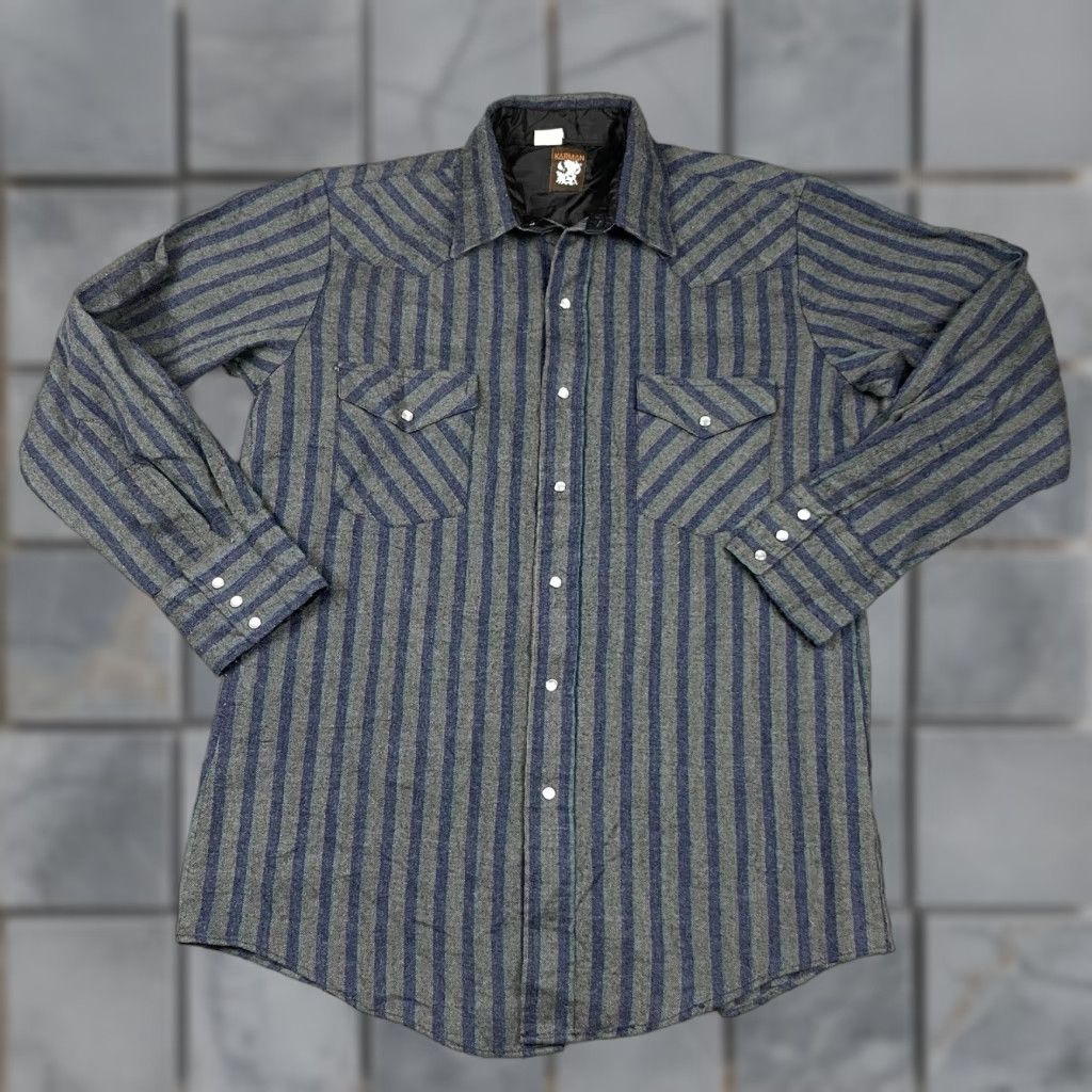 Armani VINTAGE Karman Shirt Men L Blue Striped Western Pearl Snap Long Sleeve Cowboy Logo Buttons Shirt Shirt? Size US L / EU 52-54 / 3 - 1 Thumbnail