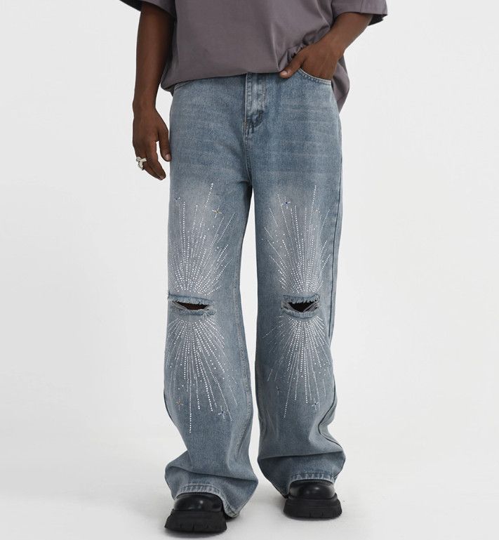 Vintage Men's punk trend loose wide-leg straight ripped knee jeans Size US 32 / EU 48 - 1 Thumbnail