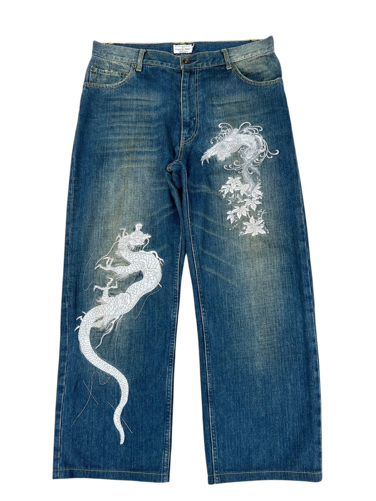 Vintage Dirty Mud Karakuri Embroidery Dragon Phoenix Denim Jeans Size US 35 - 1 Thumbnail