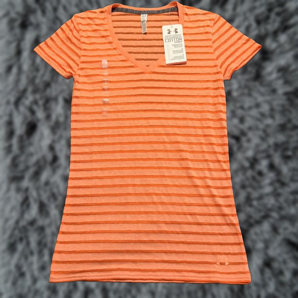 Under Armour Under Armour Shirt Women's Fitted T-Shirt S Orange Stripe Charged Cotton Heatgear Semi-Sheer V-Neck Short Sleeve Yoga Running Gym Training 90s Y2K Size S / US 4 / IT 40 - 1 Thumbnail