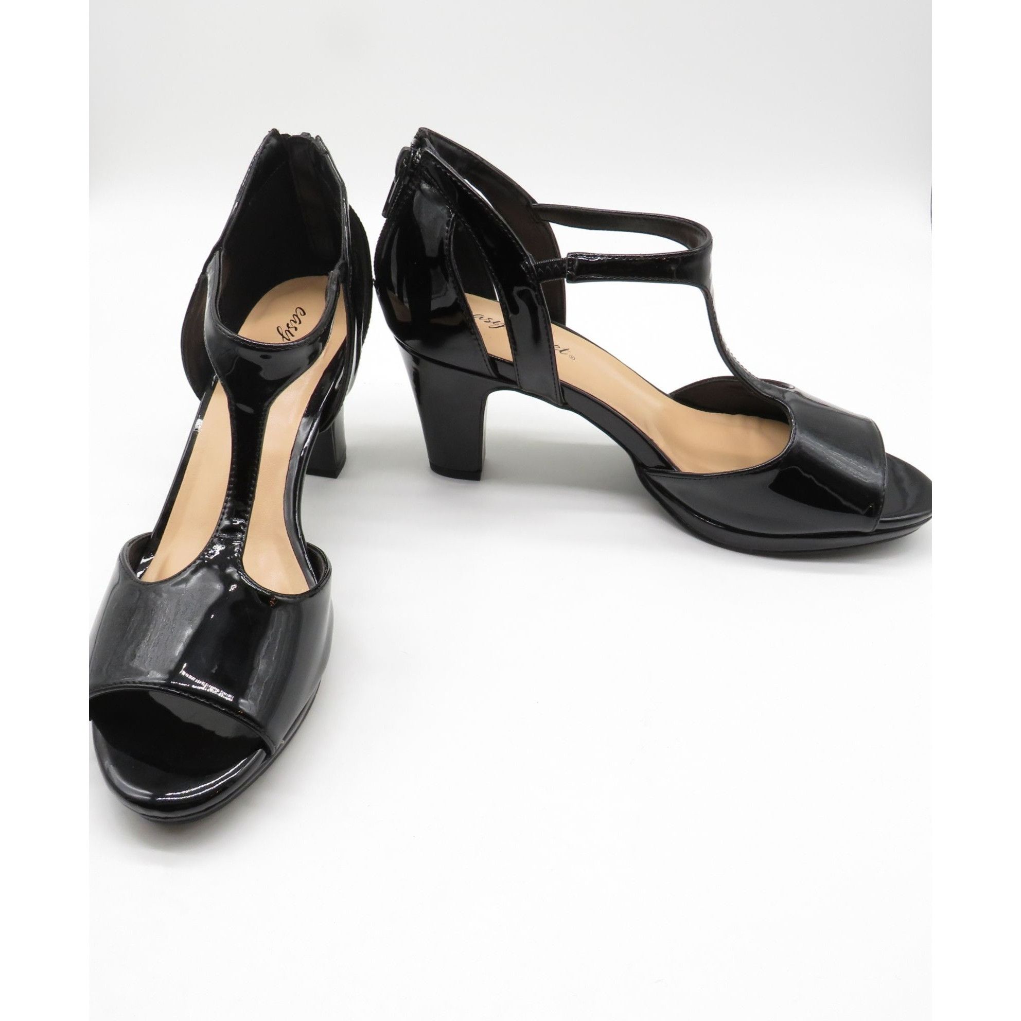 Other Easy Street Black Patent Leather Open Toe Heels Back Zipper Size US 9.5 / IT 39.5 - 3 Thumbnail