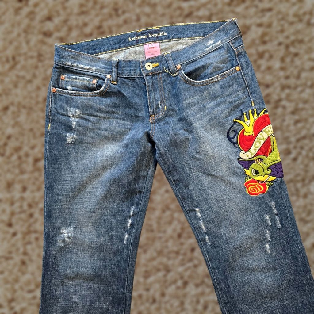 Vintage VINTAGE American Republic Jeans Women Size 29 Blue Flare Embroidery Low Rise Capsule Y2K Size 29" - 1 Thumbnail