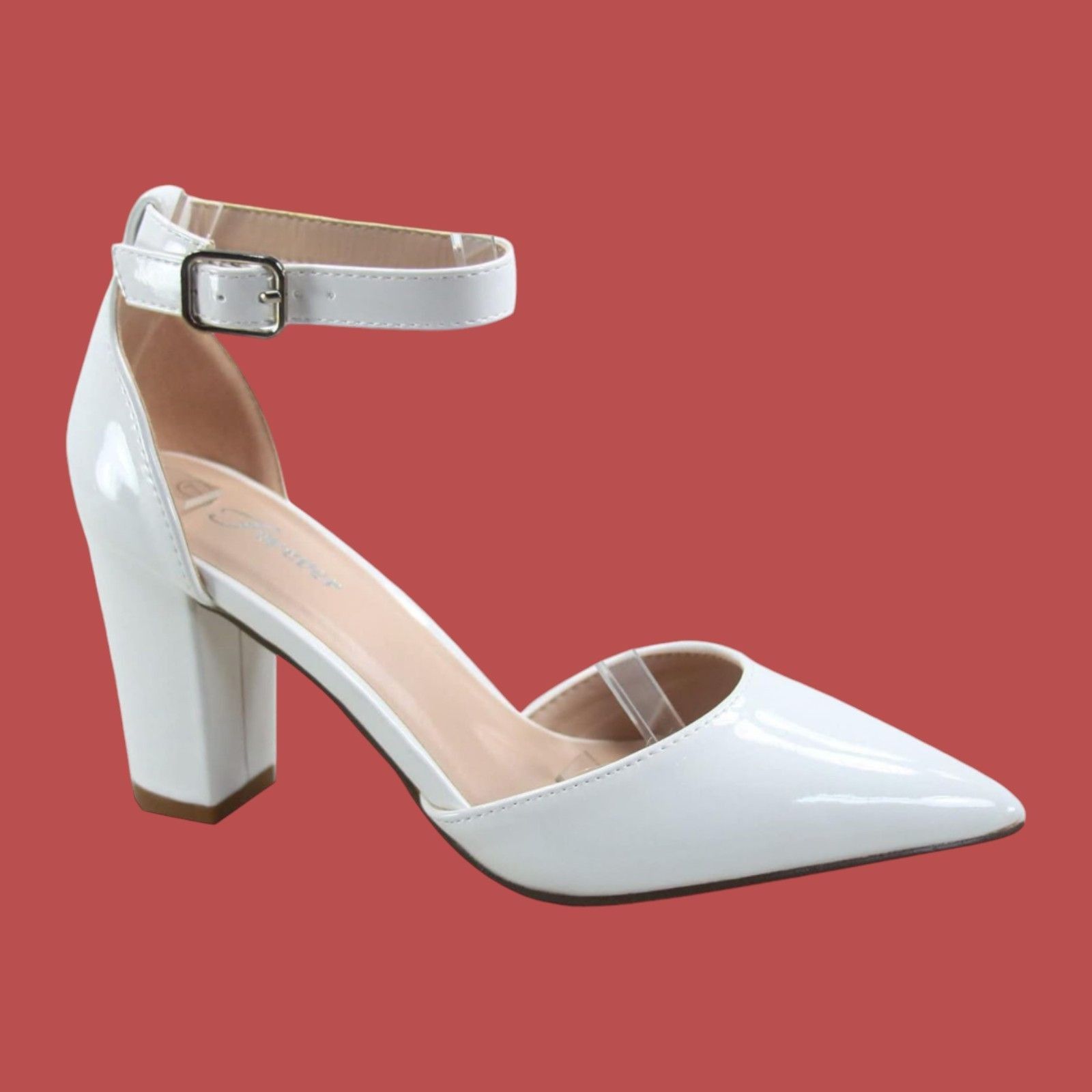 Other Forever - Women's Buckle Ankle Strap Chunky Heel Pumps - Whi Size US 6.5 / IT 36.5 - 1 Thumbnail