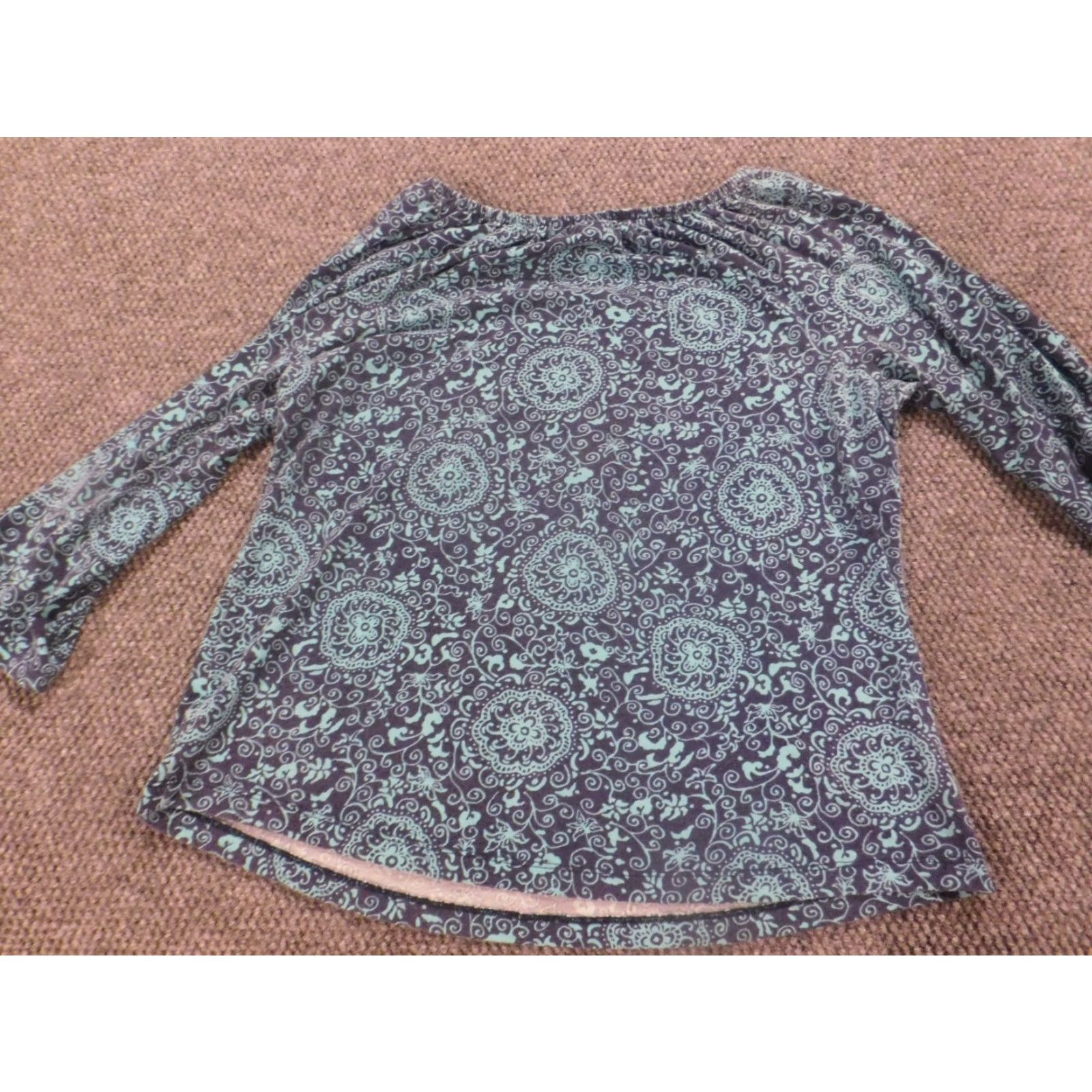 Vintage Kim Rogers Blouse L Womens Blue Floral Crew Neck Pullover Stretch Casual Regular Satin? (Note: Contains rayon and cotton; cap sleeves) Size L / US 10 / IT 46 - 7 Thumbnail