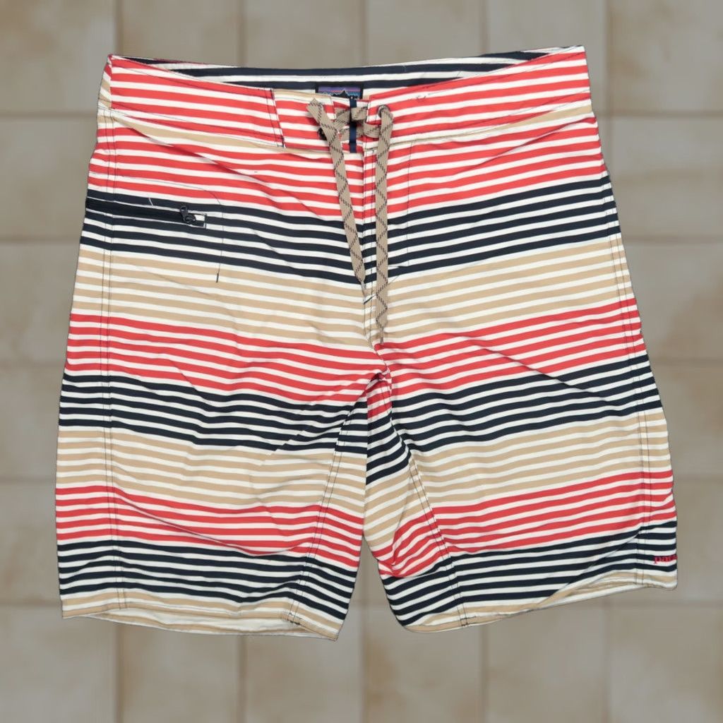Patagonia Patagonia Board Shorts Mens 31 Blue Red Tan Striped Wavefarer Zip Pocket Swim Bottoms Size US 31 - 1 Thumbnail