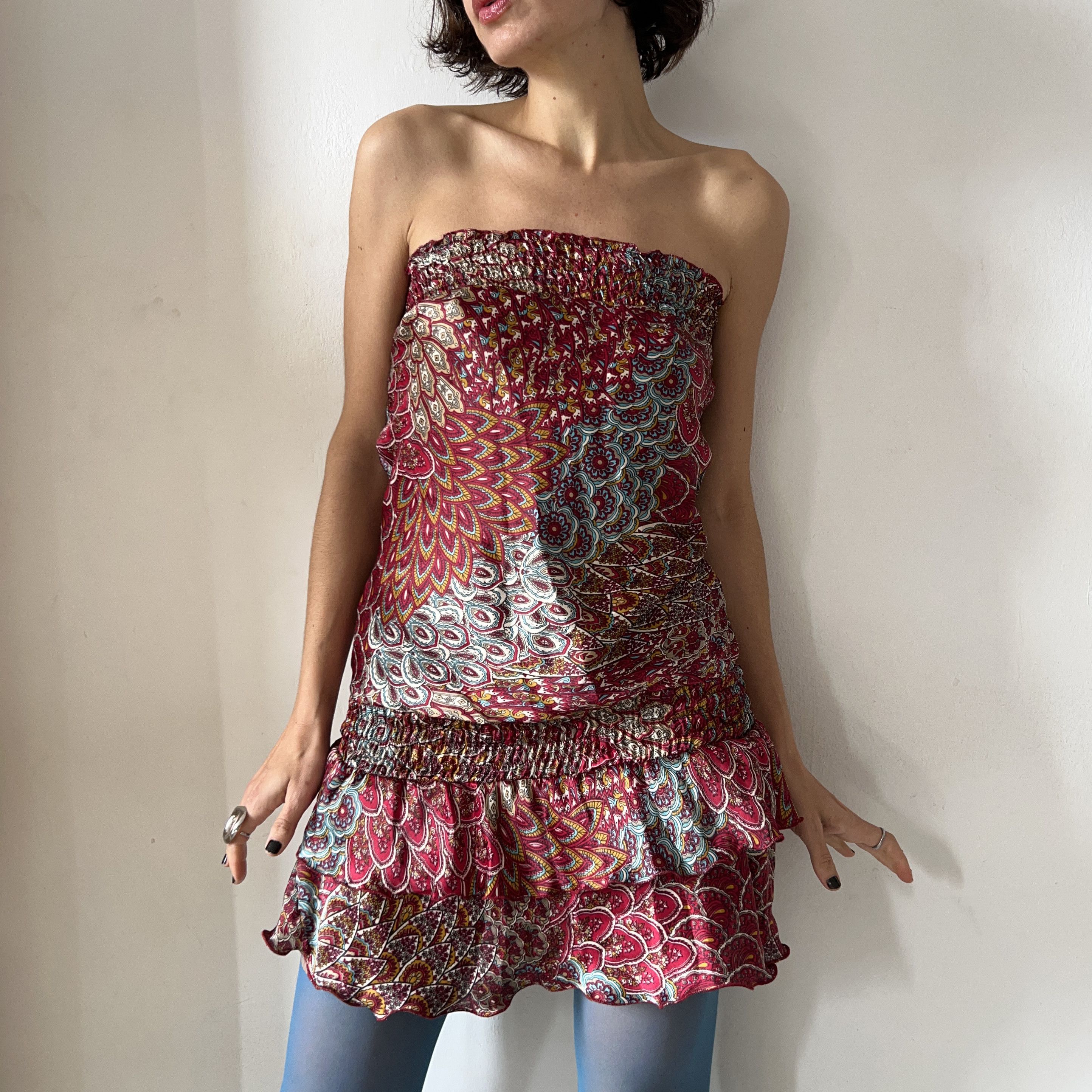 Vintage Vintage y2k satin strapless paisley ruffle ruched dress Size S / US 4 / IT 40 - 4 Thumbnail