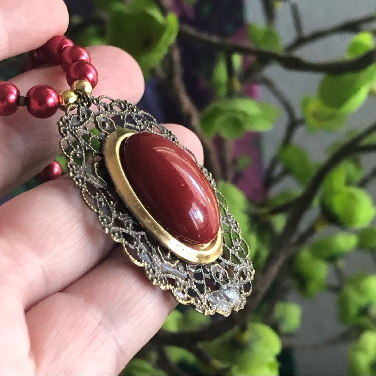 Handmade Handcrafted repurpose red cabochon filigree Pearl necklace Size ONE SIZE - 9 Thumbnail