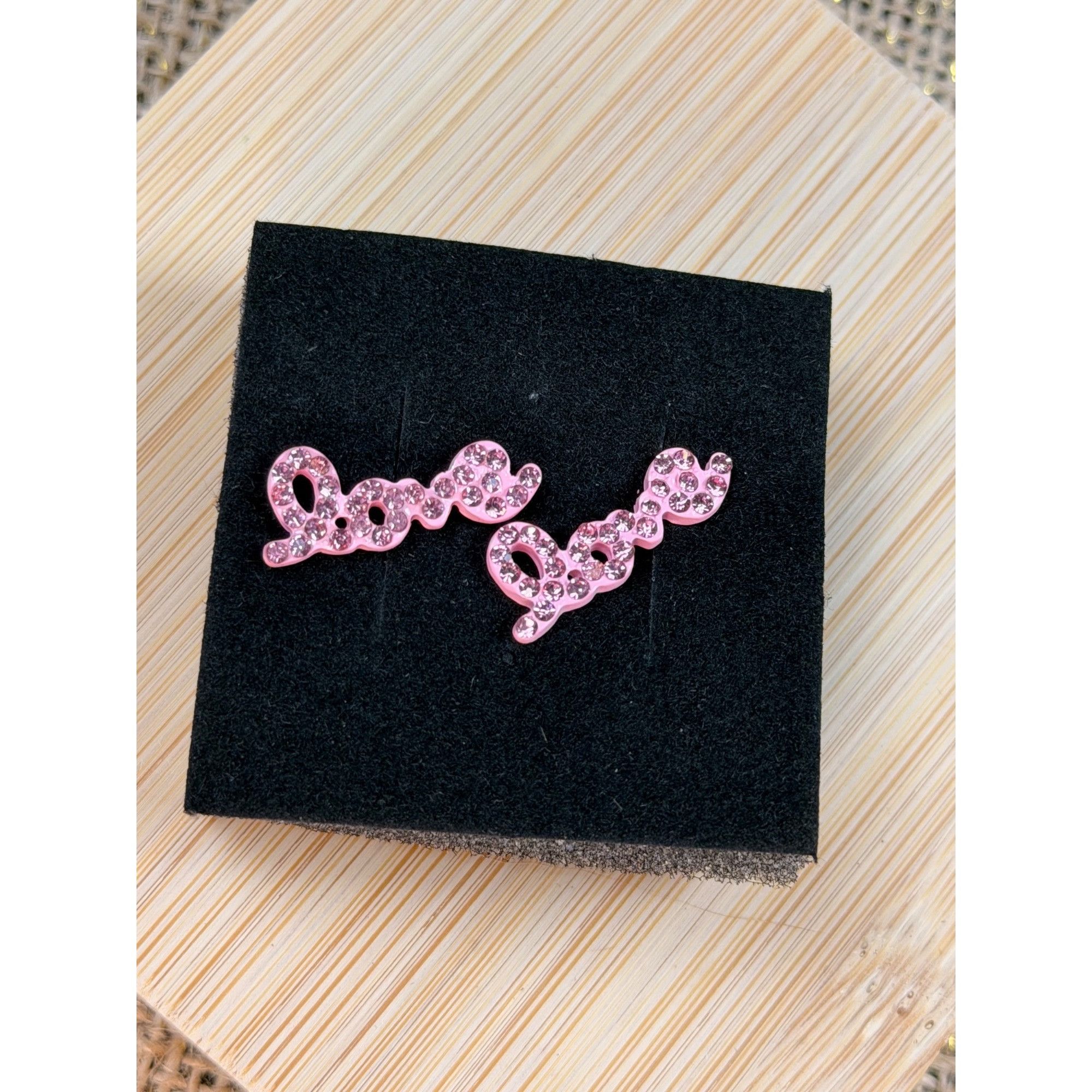 Other Pink Rhinestone "Love" Stud Earrings With Secure Backings In Size ONE SIZE - 2 Thumbnail