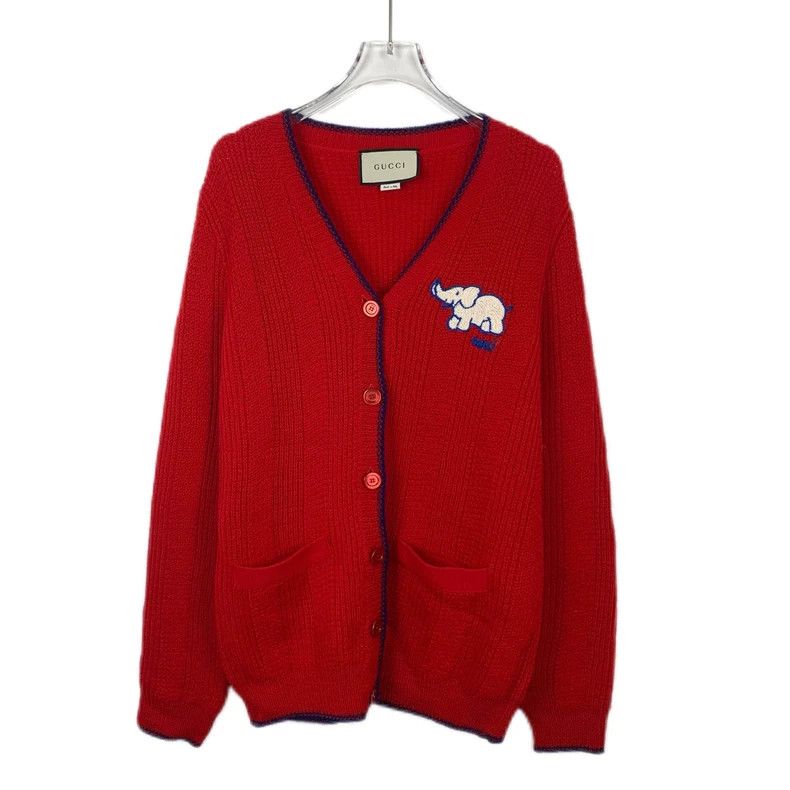 Gucci Red elephant embroidered V-neck wool knitted cardigan