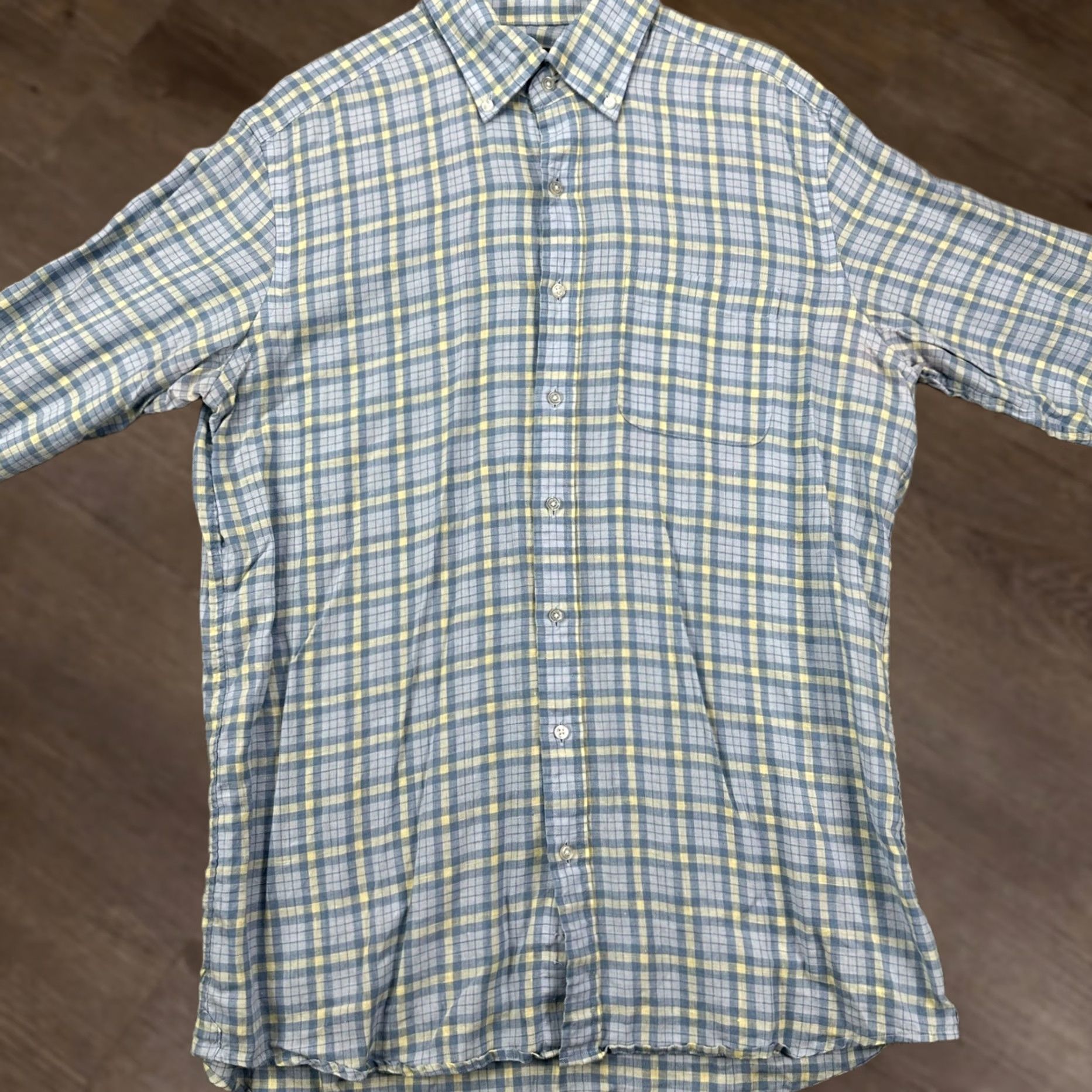 Proper Cloth Proper Cloth Shirt Plaid Button-Down 100% Linen M Blue Yellow Embroidered Cuff Pockets Classic Coastal Men Size US M / EU 48-50 / 2 - 1 Thumbnail