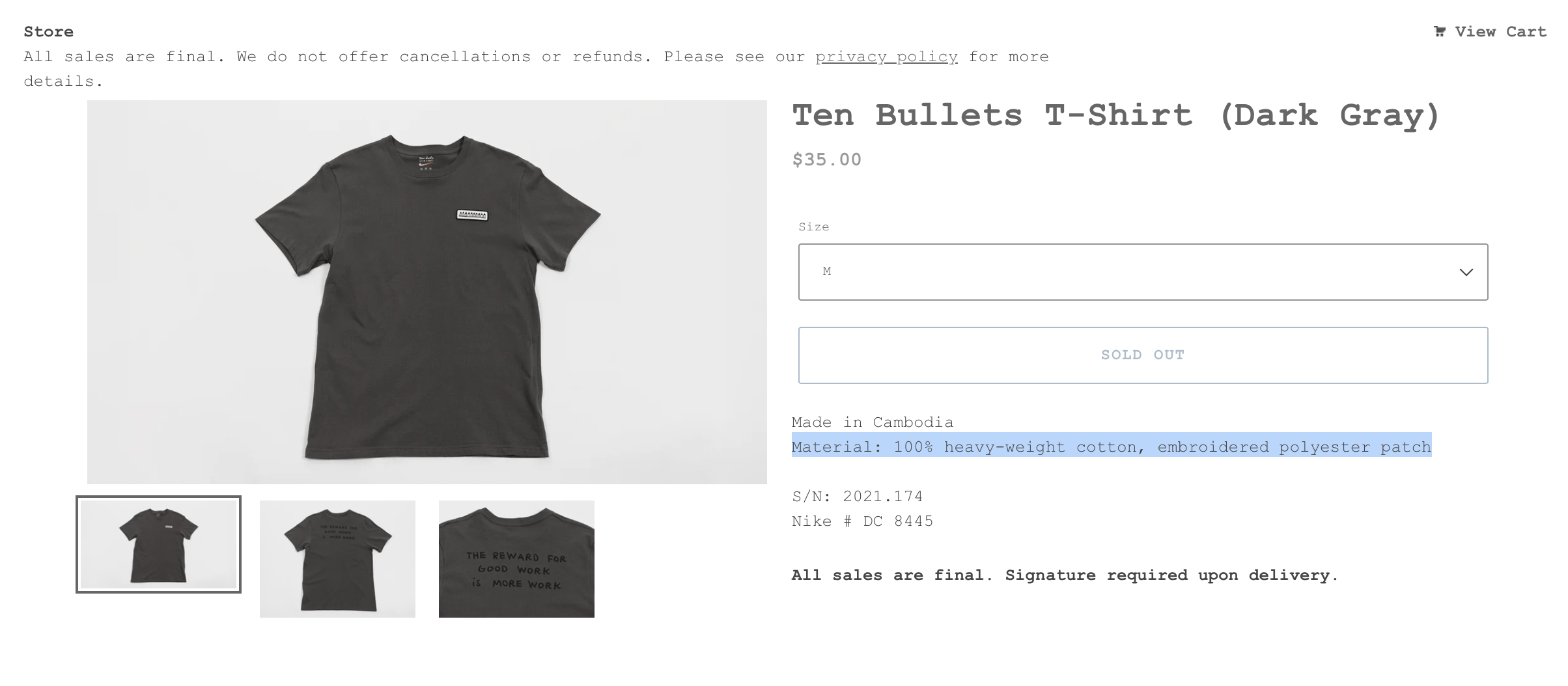 Nike × Tom Sachs Embroidered Ten Bullets T-Shirt (Dark Gray) Size US M / EU 48-50 / 2 - 2 Thumbnail