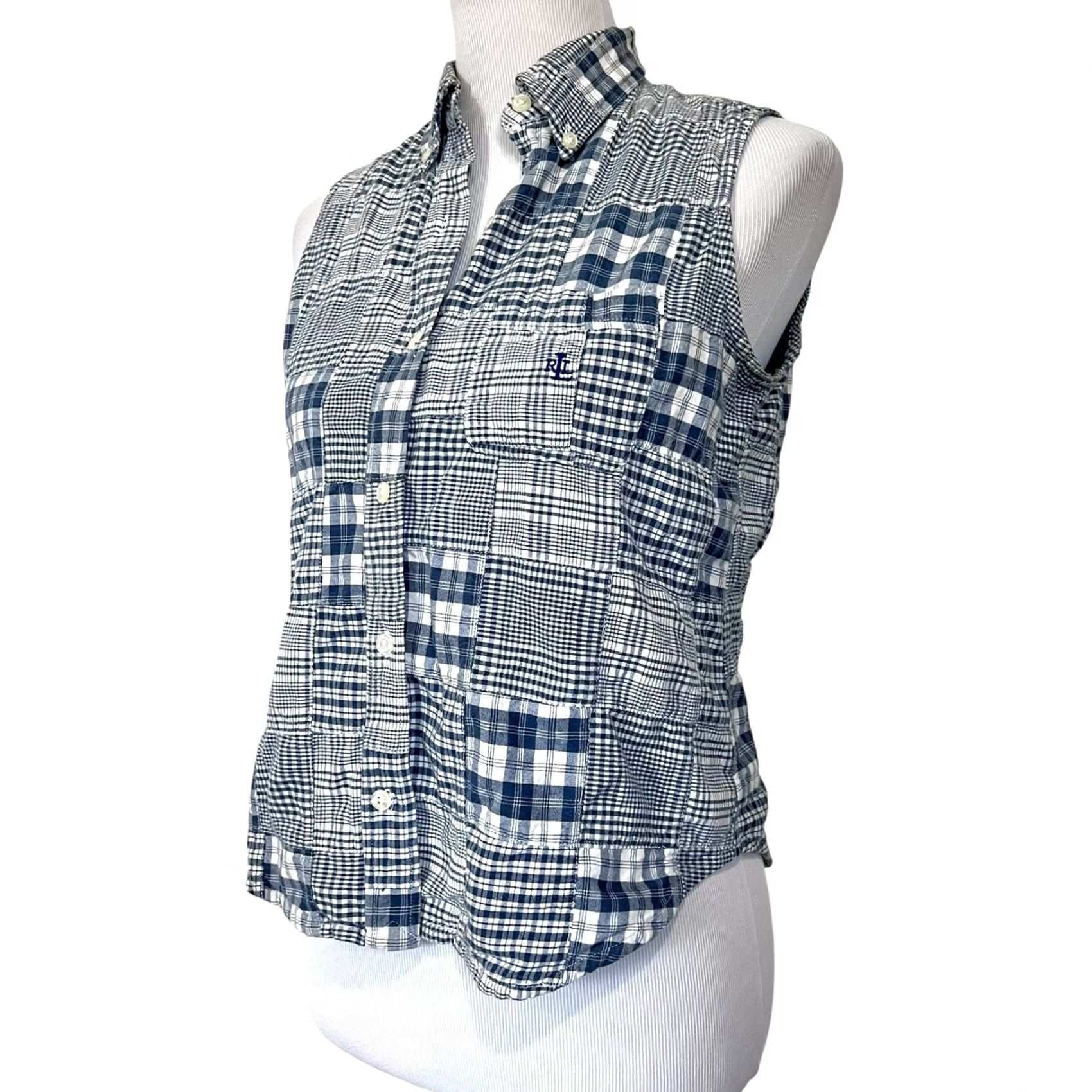Ralph Lauren VINTAGE Lauren Ralph Lauren Plaid Patchwork Top Button Up Sleeveless Blue Sz 10P Petite Ladies Womens Polo Shirt Top Size L / US 10 / IT 46 - 3 Thumbnail