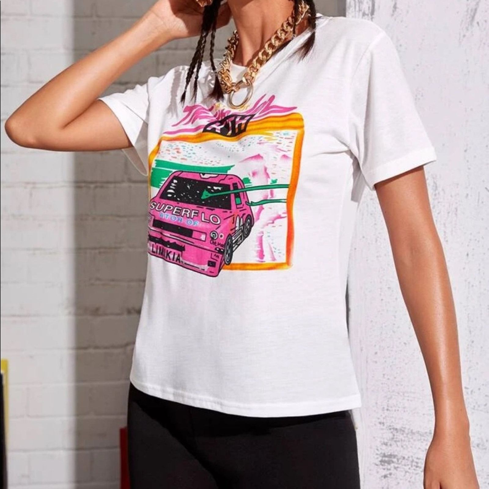 Shein NEW SHEIN White Race Car Graphic Print Classic Tee Shirt Top Size S / US 4 / IT 40 - 4 Thumbnail