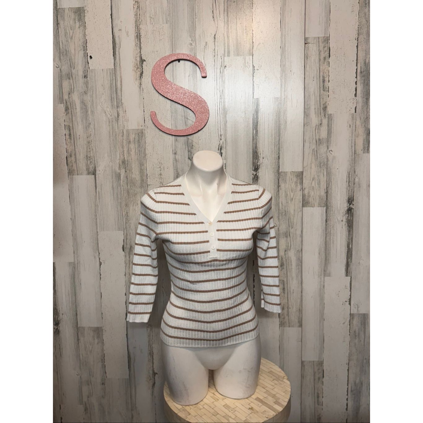 Other White & Brown Striped Henley Ribbed Knit Top – Small Size S / US 4 / IT 40 - 1 Thumbnail