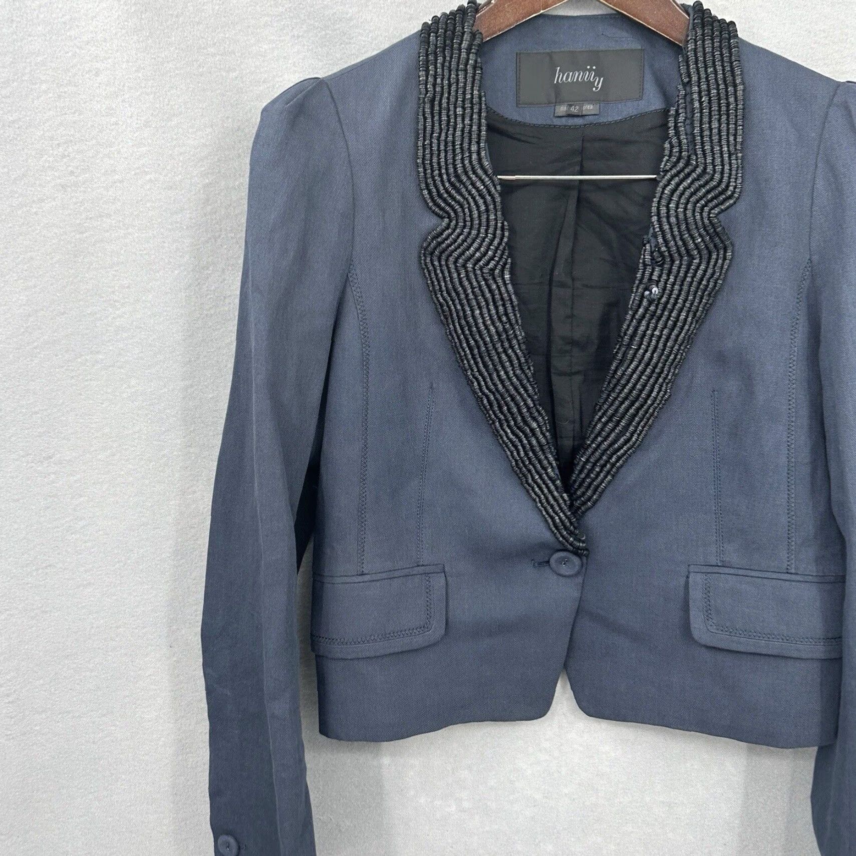 Vintage Hanii Y Jacket Womens 42 M Blue Linen Blend Embellished Quiet Luxury Bohemian Classic 90s Event Designer Mens Womens Girls Boys? Size M / US 6-8 / IT 42-44 - 2 Thumbnail