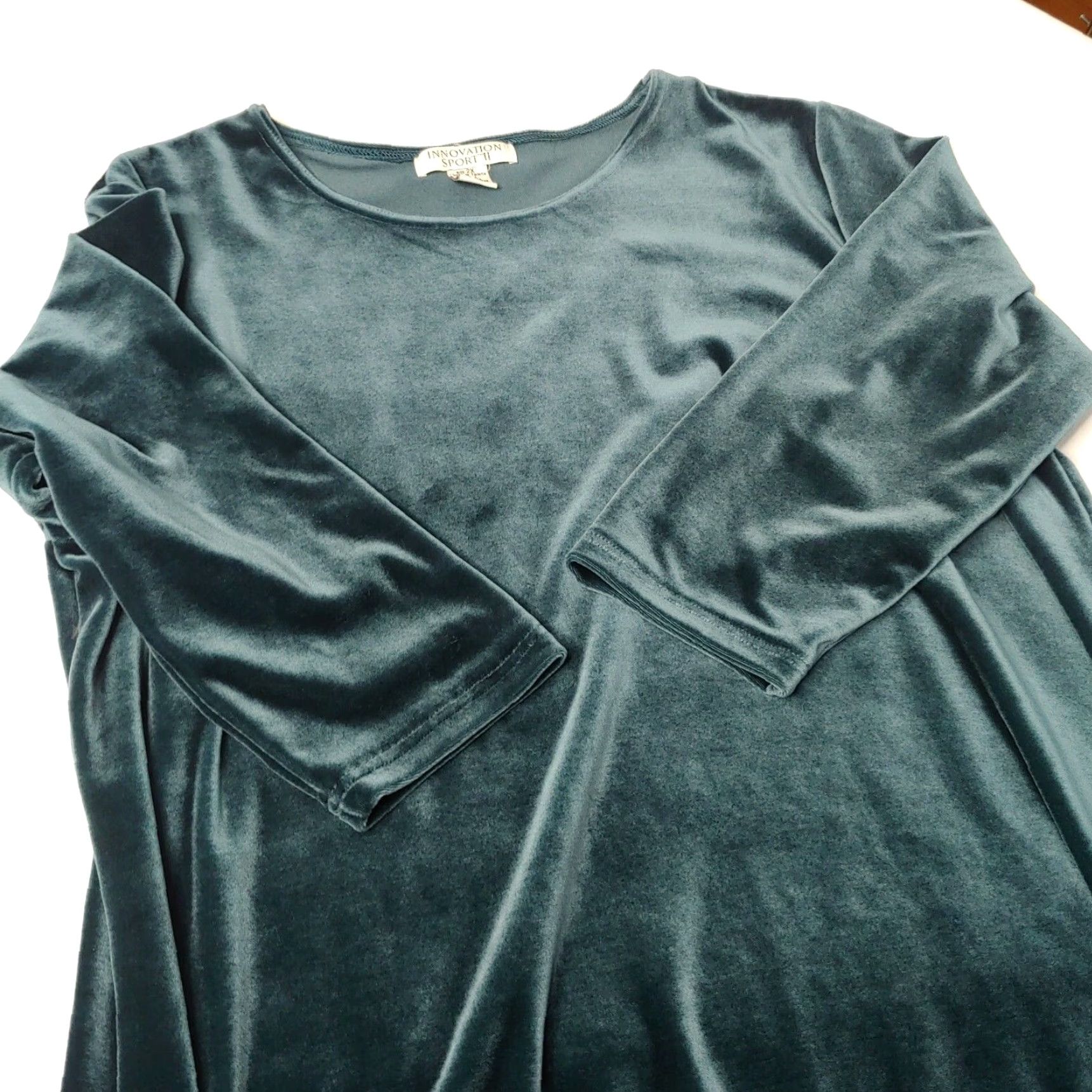 Velour VINTAGE Innovation Sport II Womens Plus Dress Knee Length Velour Green/Blue Long Sleeve Scoop Neck Pullover Stretch 2X Holiday Formal Casual Size XXL / US 16-18 / IT 52-54 - 4 Thumbnail