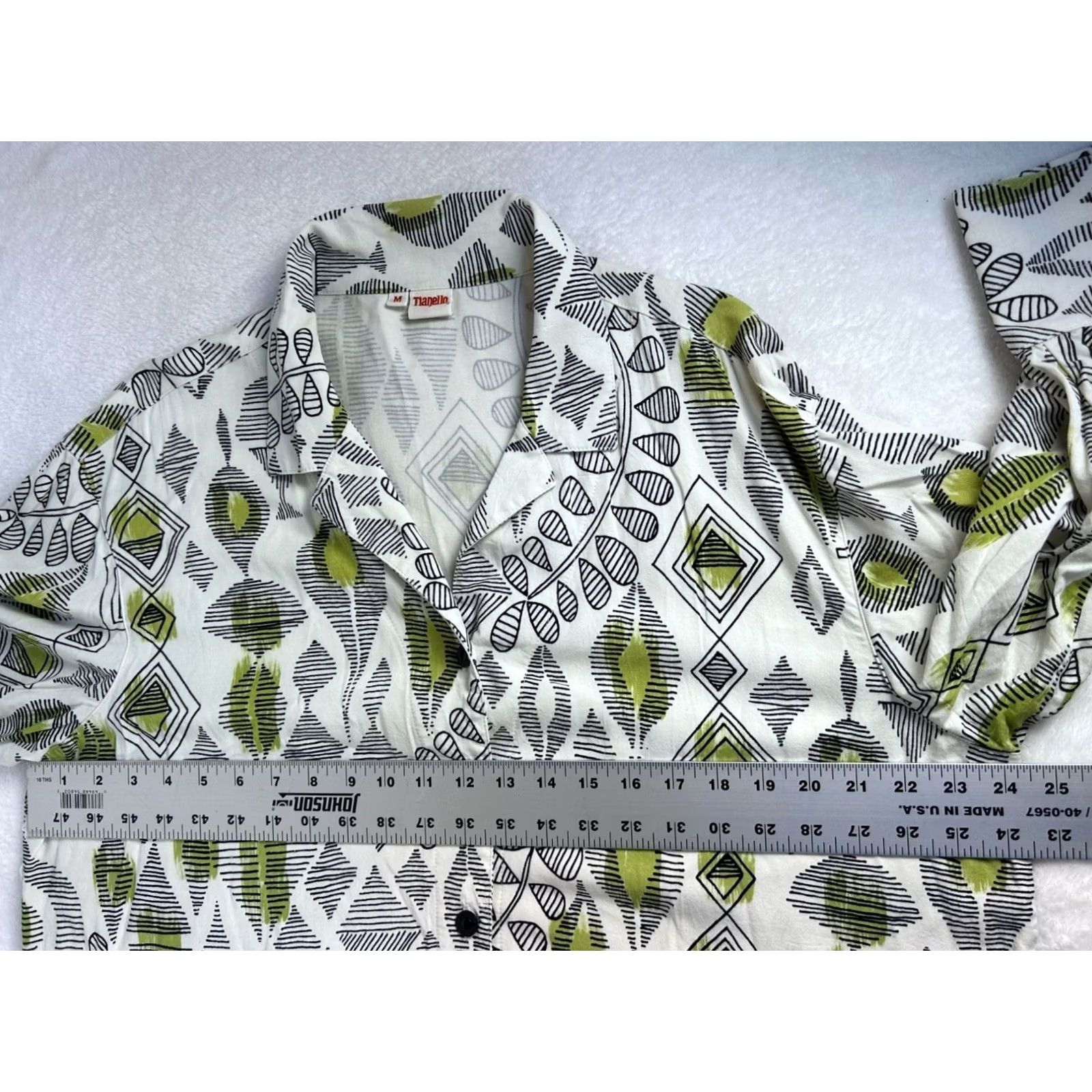 Vintage Tianello Womens Geometric Print Button-Down Aida Blouse Top M White/Green Size M / US 6-8 / IT 42-44 - 6 Thumbnail