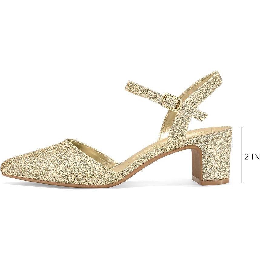 Other Mysoft Women's 10 Gold Glitter Pointy Toe Block Heel Shoes Size US 10 / IT 40 - 2 Thumbnail