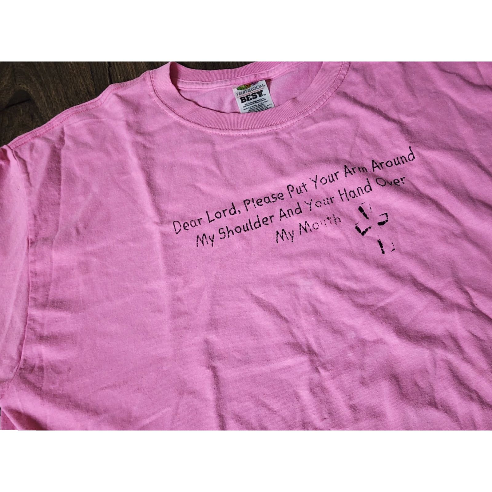 Fruit Of The Loom Vintage 90s Dear Lord Put Your Arm Around My Shoulder Funny T Shirt L Pink Fruit of the Loom Unisex Adults Crew Neck Short Sleeve 90s T-Shirt Size US L / EU 52-54 / 3 - 7 Thumbnail