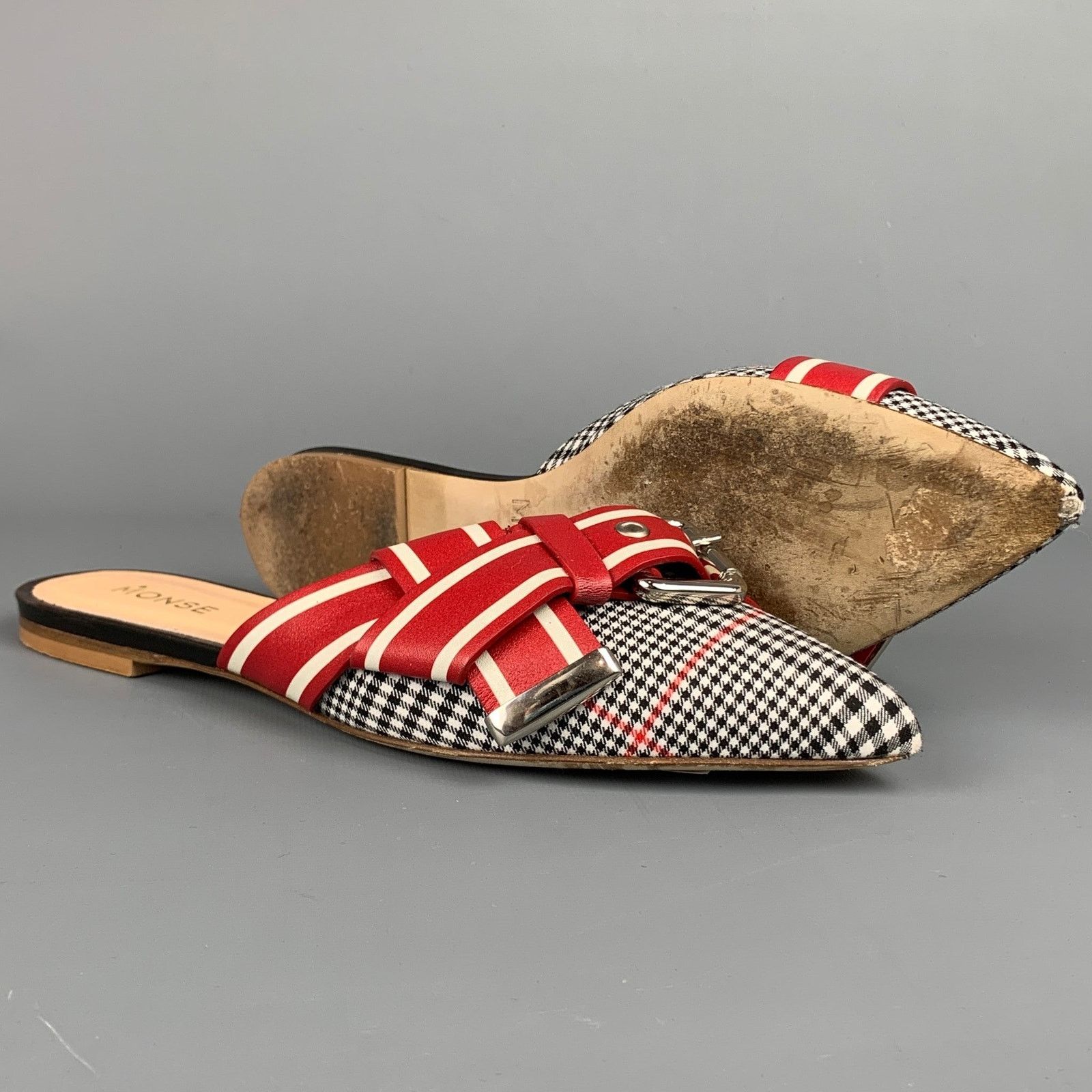 MONSE MONSE Red & Black Fabric Buckle Pointed Toe Mule Flats Size US 8 / IT 38 - 3 Thumbnail