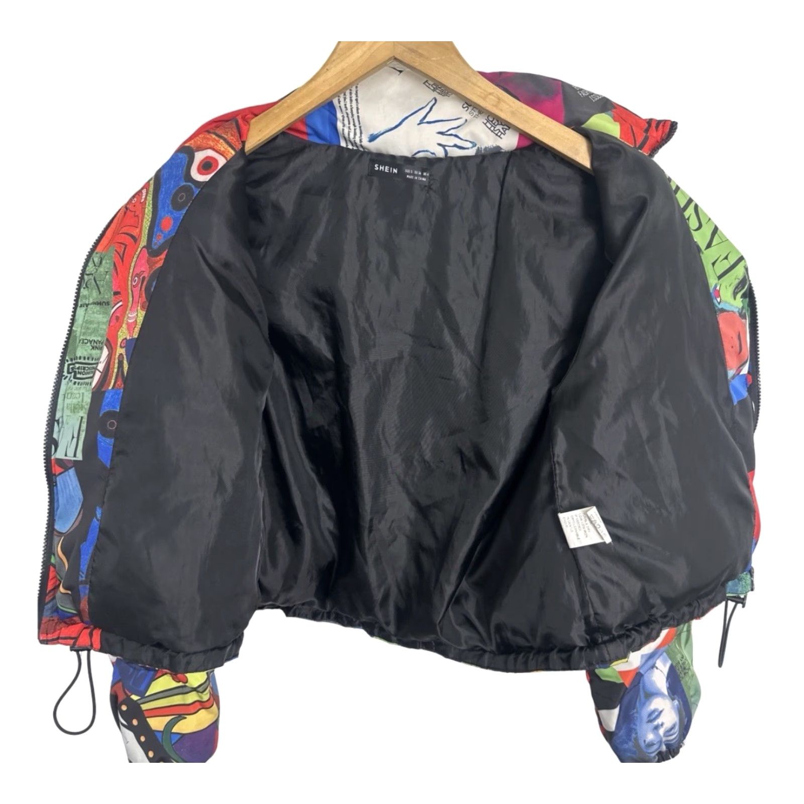 SHEIN Taylor Swift Figure Patchwork Print Drawstring Puffer Jacket Size Small Women Multicolor Animal Print Zipper Padded