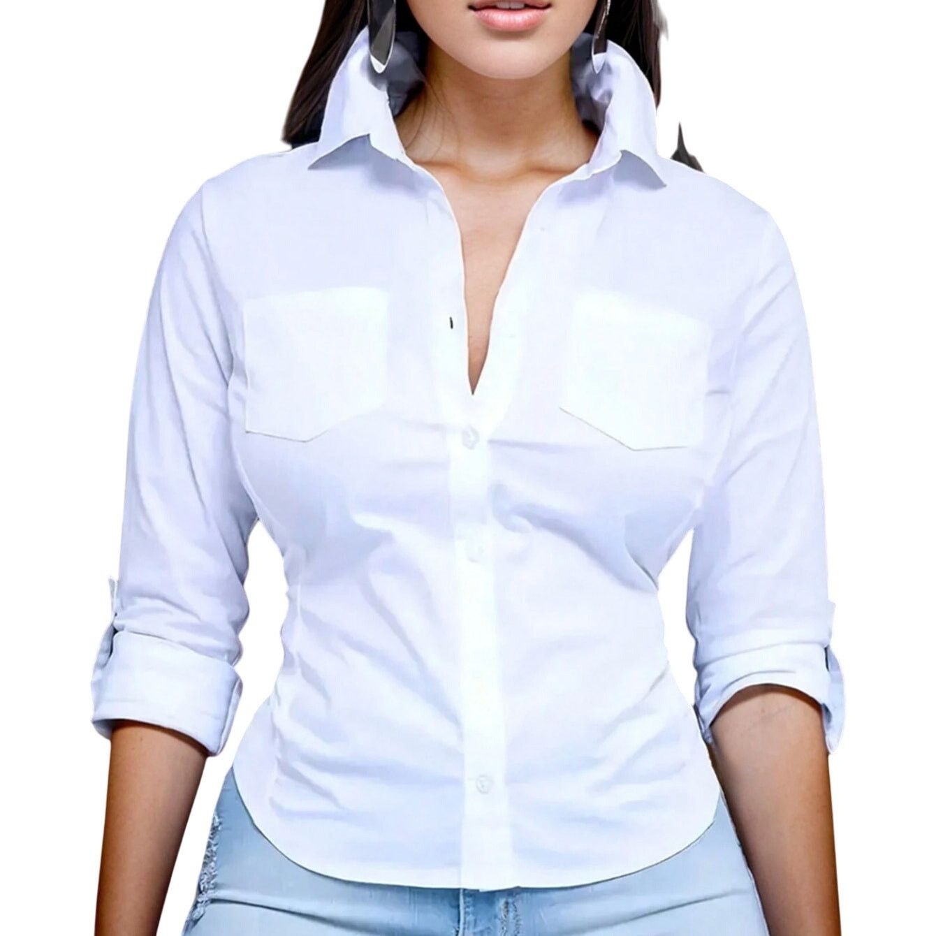 Shein Women's Rolled Sleeve Button Down Shirt in White, Size S Size S / US 4 / IT 40 - 1 Thumbnail