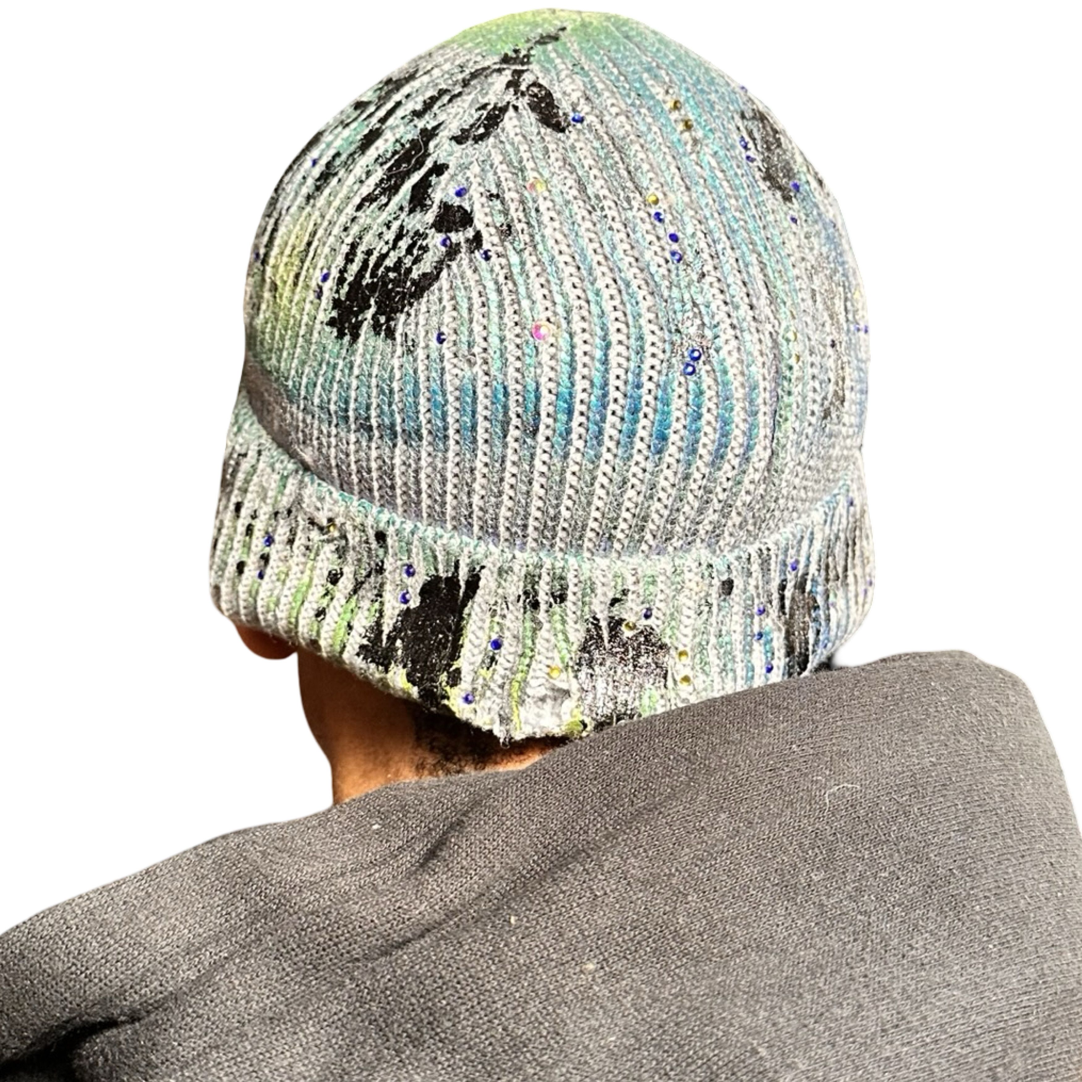 ASTROBOI* Deep Ocean Blue Green Iridescent Rhinestone Beanie