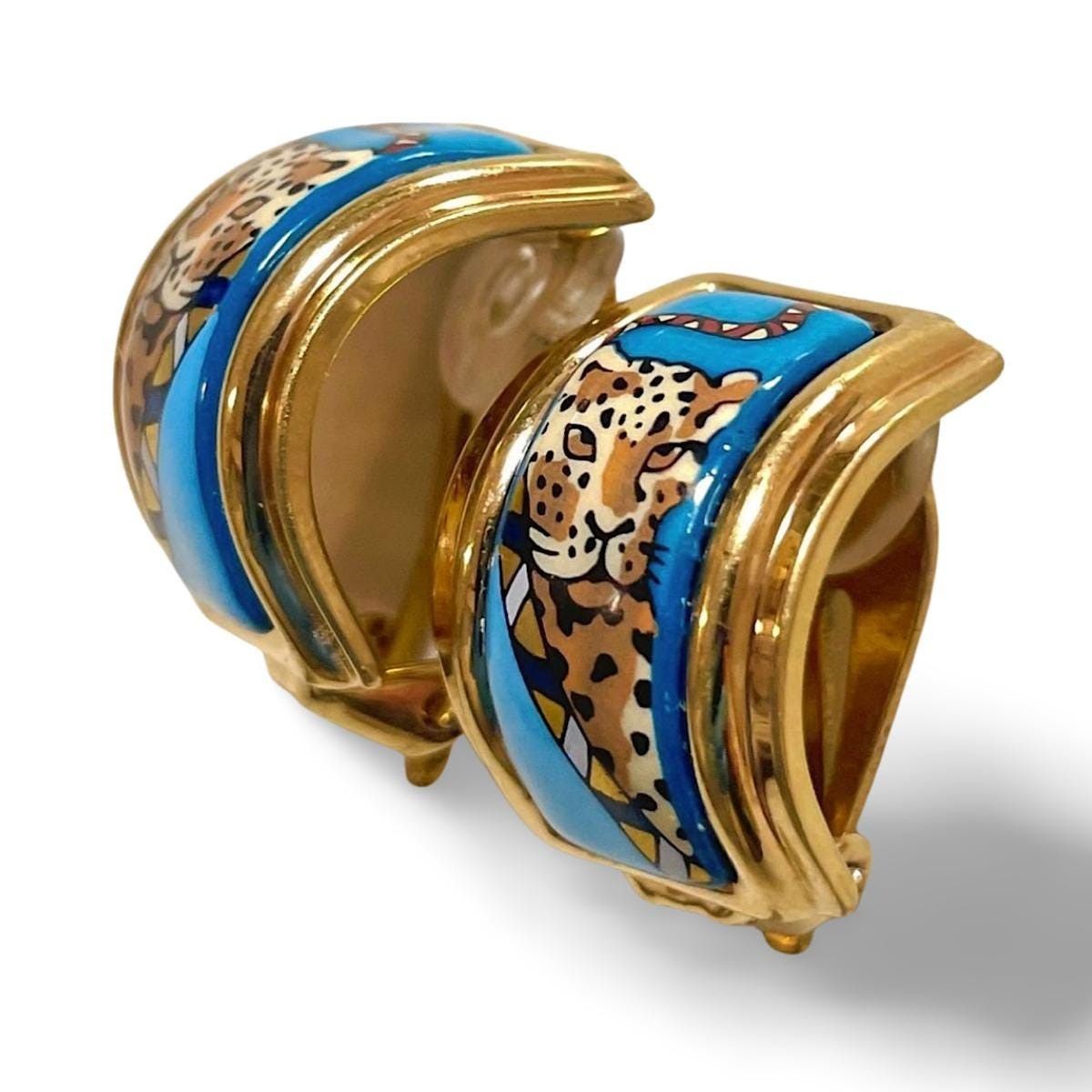 Vintage Hermes blue cloisonne enamel earrings with panther