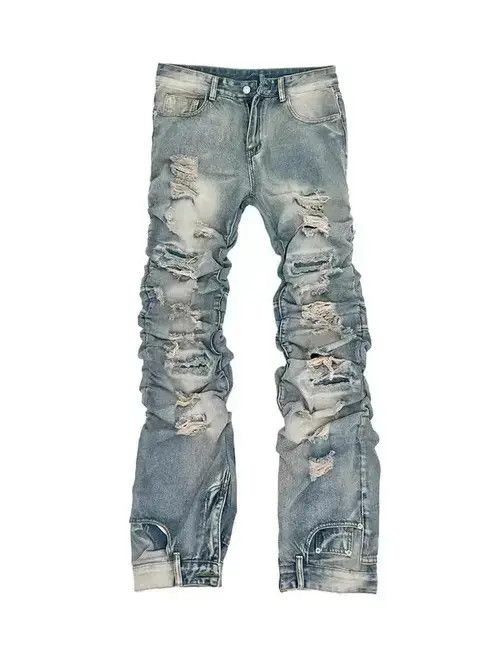 Jean Vintage washed blue ripped pleated street hip hop jeans Size US 32 / EU 48 - 1 Thumbnail