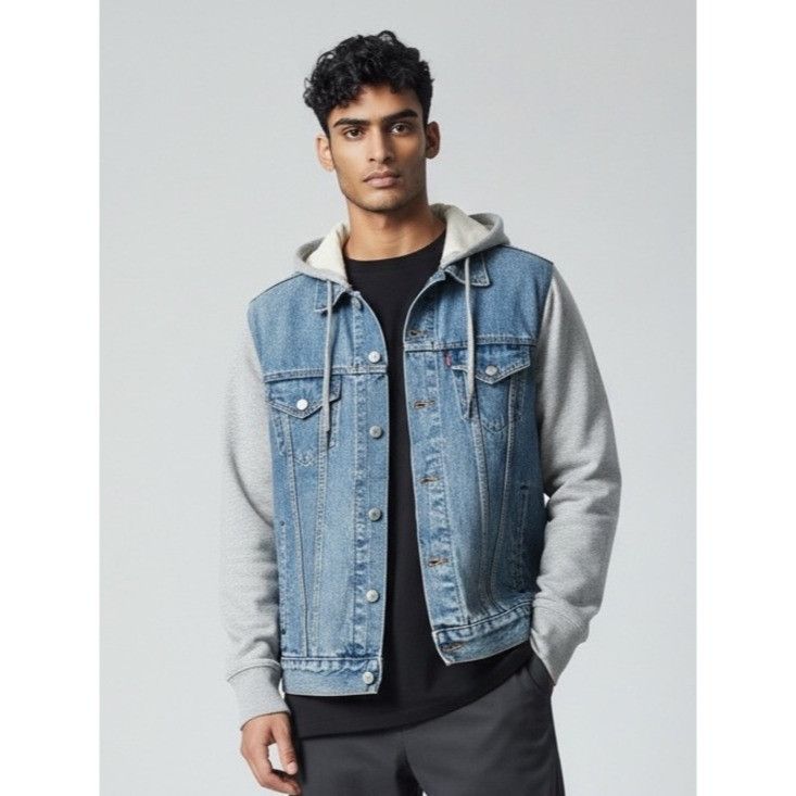Levi's Levi's Blue Denim Jacket with Gray Hood & Sleeves Size US L / EU 52-54 / 3 - 1 Thumbnail