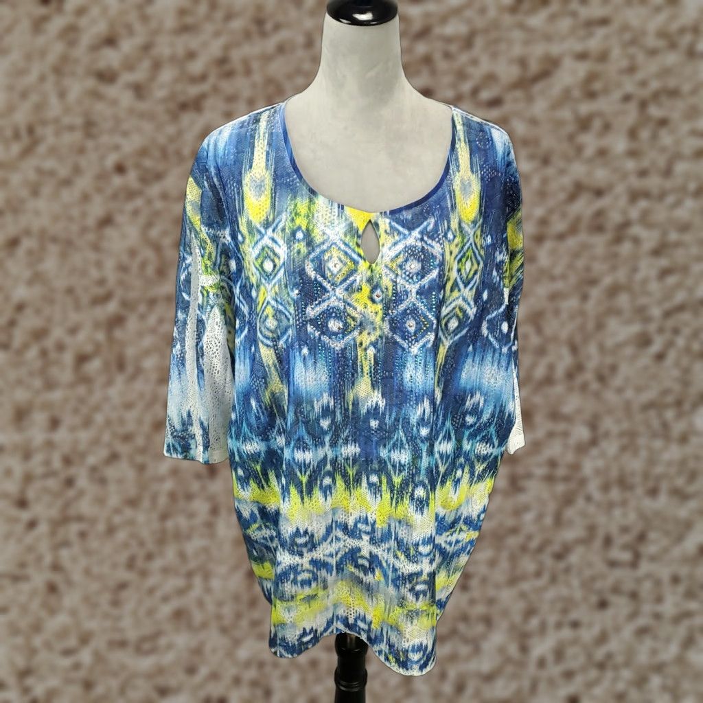 Vintage Catherines Liz & Me Top Womens 1X Blue Green Geometric Rhinestone Lightweight Tunic Blouse Casual Shirt Size XL / US 12-14 / IT 48-50 - 1 Thumbnail
