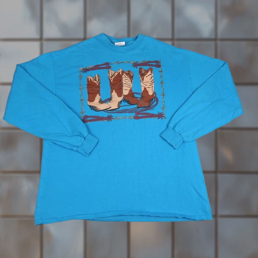 Hanes VINTAGE Hanes Beefy-T Shirt Mens XL Blue Cowboy Boots Graphic Long Sleeve 90s USA Made Size US XL / EU 56 / 4 - 1 Thumbnail
