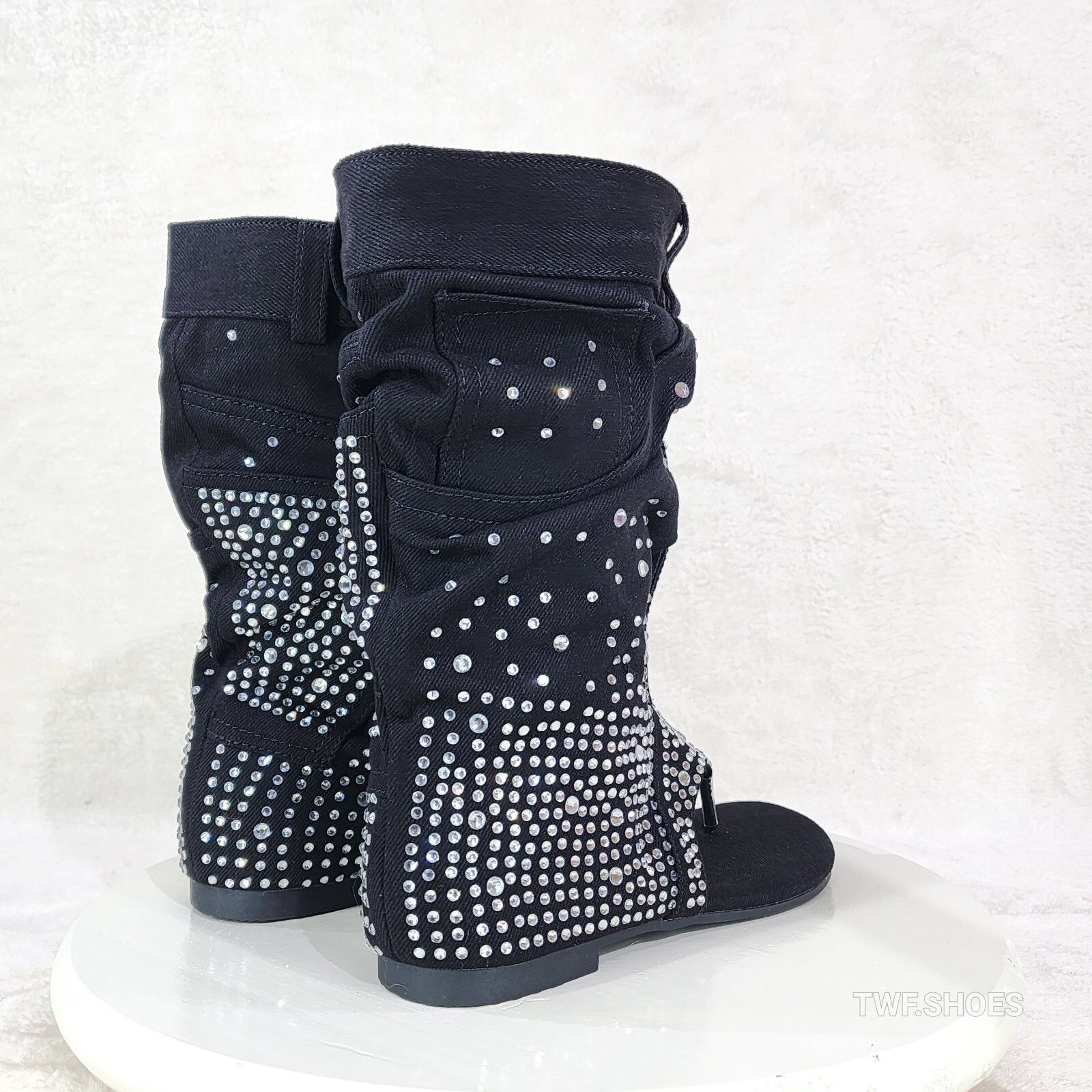 Other Perplex Black Denim & Rhinestones Sandal Slouch Boots Shooti Size US 5.5 / IT 35.5 - 2 Thumbnail