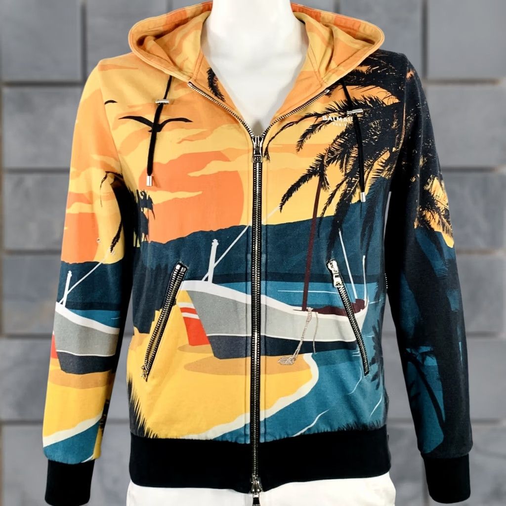 Balmain BALMAIN Hooded Sweatshirt Black Orange Blue Tropical Cotton Zip Up L Men Tubular Pattern Tropical Cotton Sweatshirt Size US L / EU 52-54 / 3 - 1 Thumbnail