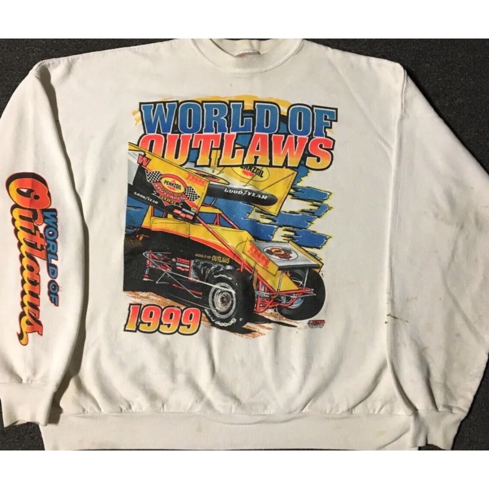 Vintage Vtg 90s World Of Outlaws Race Faded Distress AOP Sweatshirt 3X NASCAR Car Grunge-Shirt Mens 3XL White Racing Boxy Pullover Size US XXL / EU 58 / 5 - 2 Thumbnail