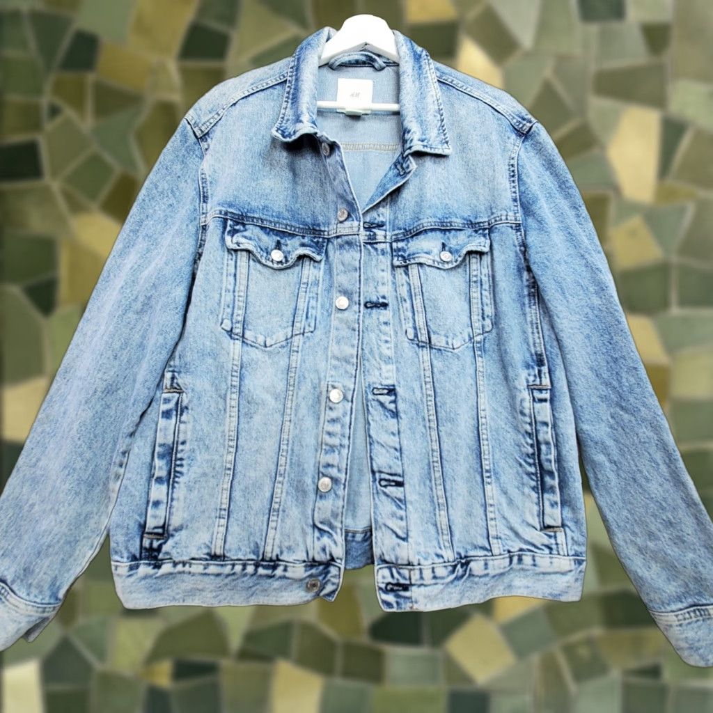 VINTAGE H&M Trucker Jacket Men Large Blue Denim Cotton Pockets 90s