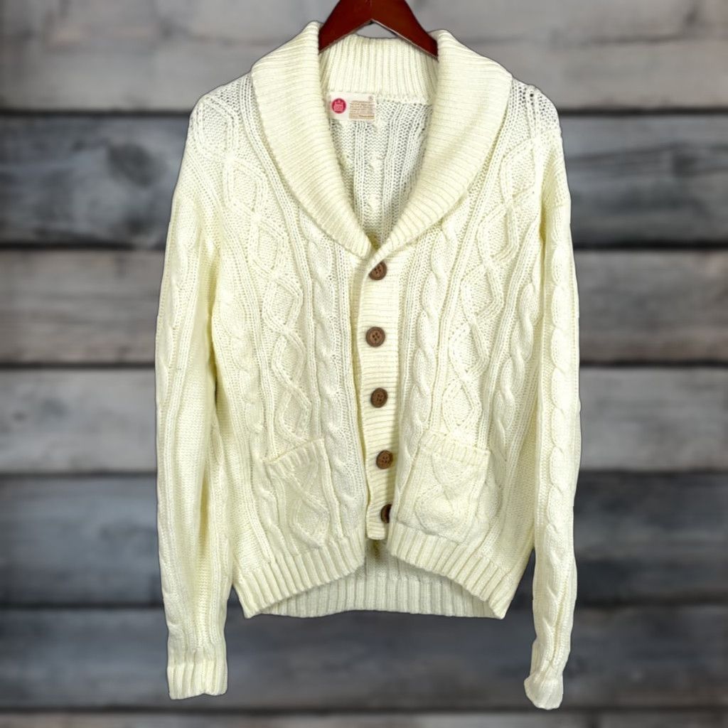 Sears VINTAGE Sears Men's Cable Knit Cardigan Sweater Adult XL Ivory 70s Casual Fall Winter Size US XL / EU 56 / 4 - 1 Thumbnail