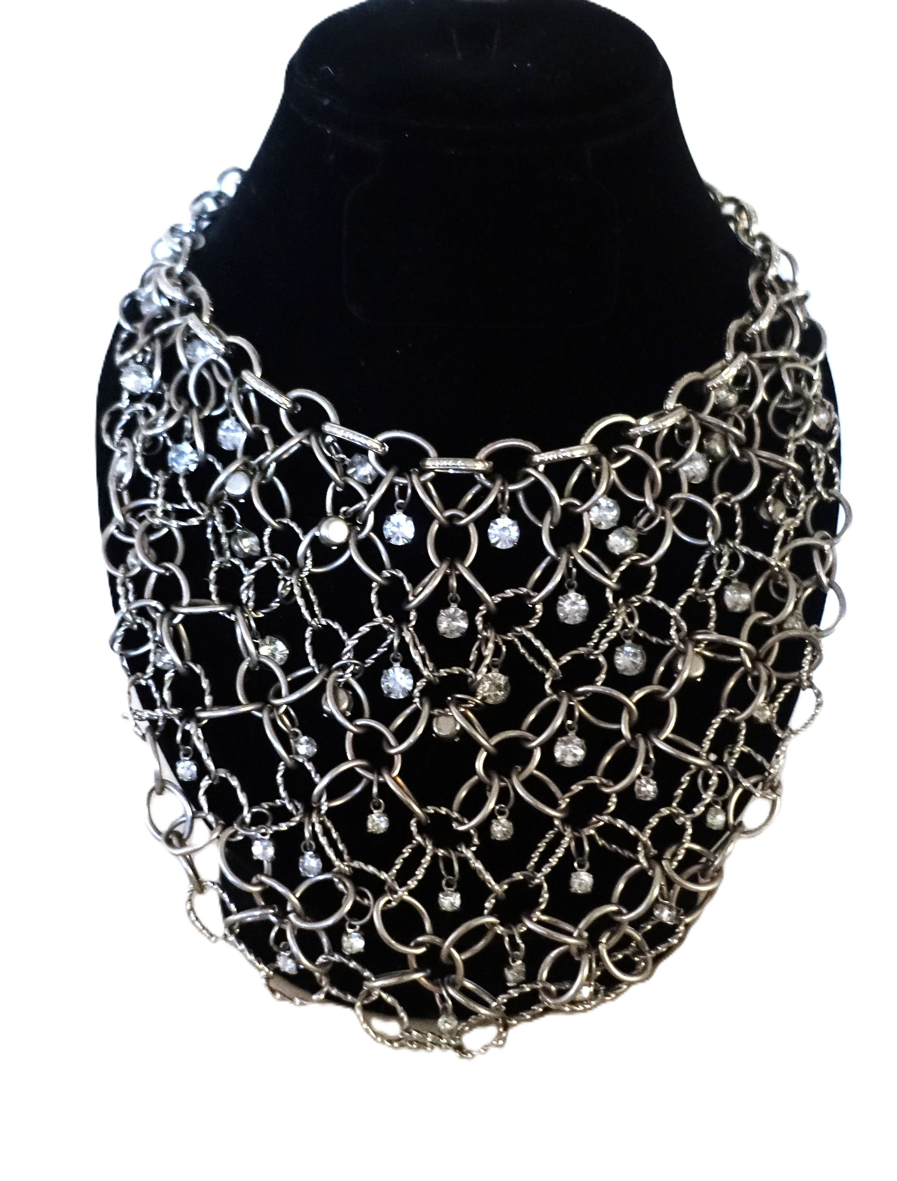 Vintage Silver Tone Rhinestones Chain Choker Necklace Size ONE SIZE - 2 Thumbnail