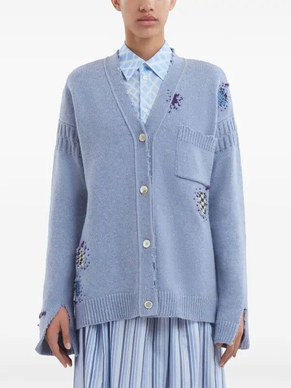 Marni o1w1db11125 Distressed Virgin-Wool Cardigan in Blue Size S / US 4 / IT 40 - 2 Thumbnail