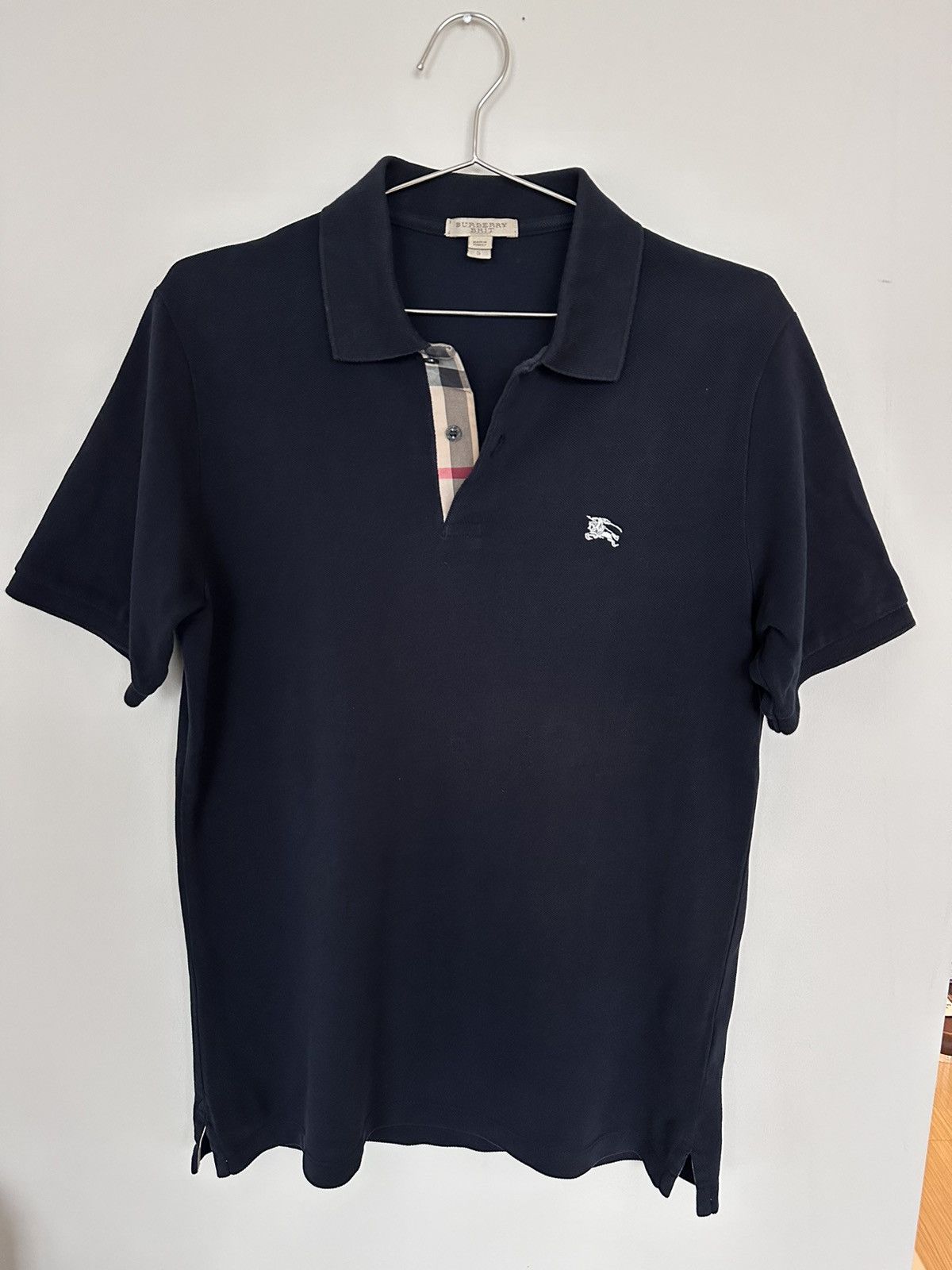 image of Burberry Check Polo Shirt Navy, Men's (Size Small)