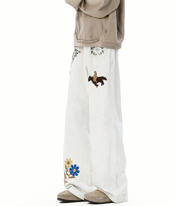 Japanese Brand Men's street hip-hop wide-leg loose flared embroidered jeans Size US 32 / EU 48 - 4 Thumbnail