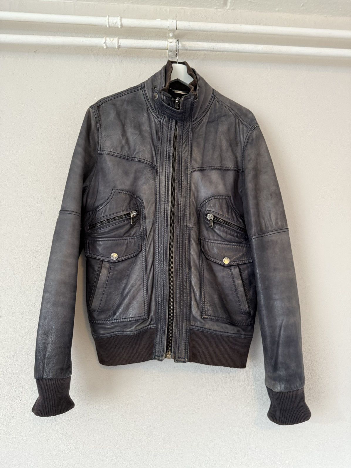 Dolce & Gabbana D&G Distressed Grey Lamb Leather Bomber Jacket Size US L / EU 52-54 / 3 - 3 Thumbnail