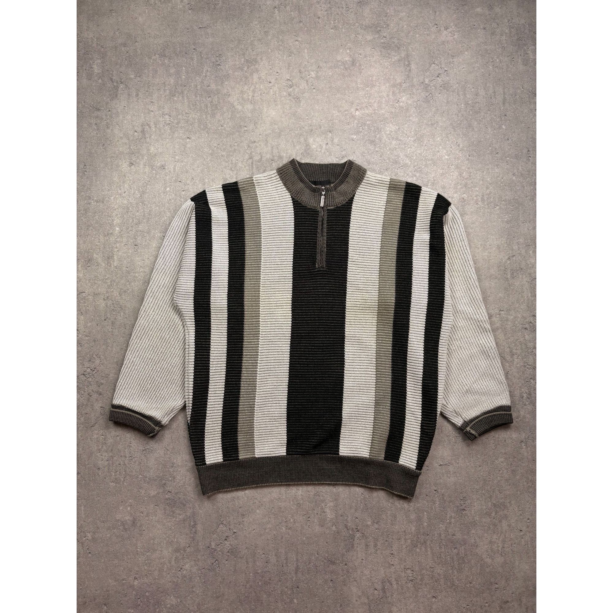 Carlo Colucci Carlo Colucci Striped Half-Zip Sweater Ribbed Knit Gray & Bl Size US XL / EU 56 / 4 - 1 Thumbnail