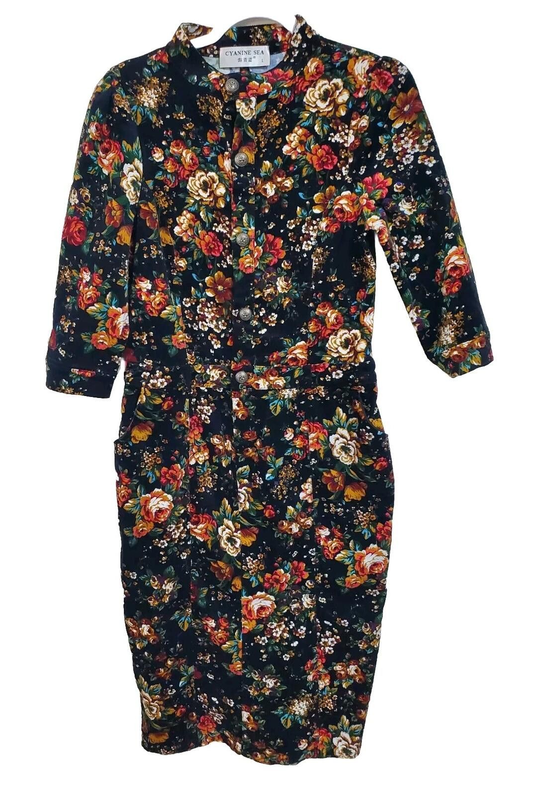 Other Cyanine Sea Womens' Black Long Sleeve Floral Dress Large Size L / US 10 / IT 46 - 1 Thumbnail