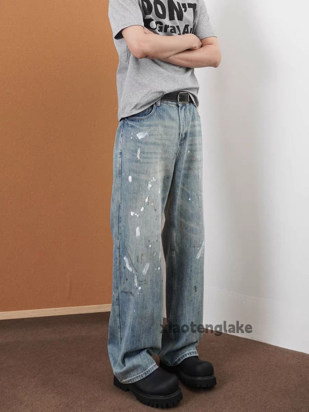 Designer Unisex washed faded loose baggy stain paint hiphop pants Size US 32 / EU 48 - 5 Thumbnail