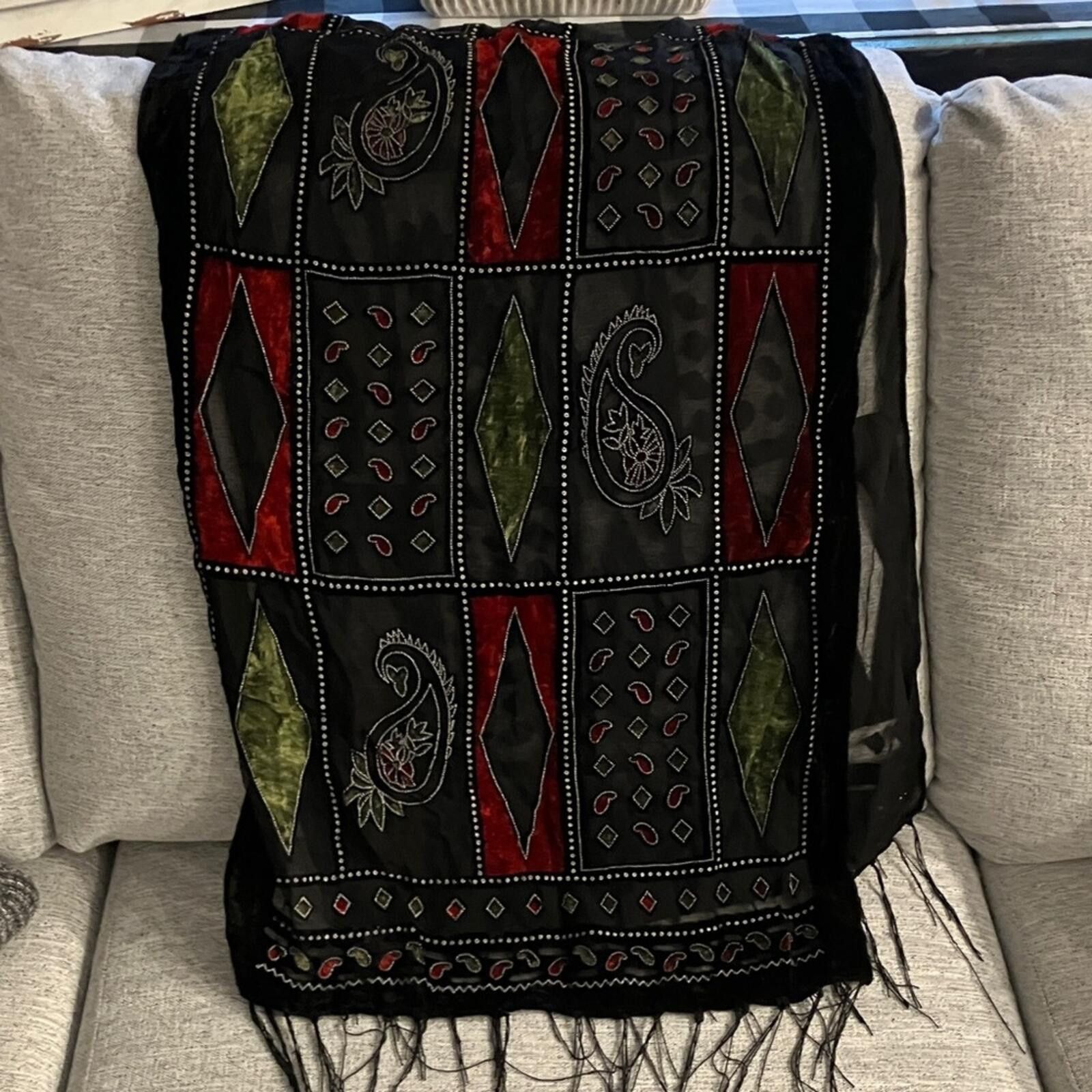 Other Elegant Black and Red Embroidered Scarf Size ONE SIZE - 2 Thumbnail