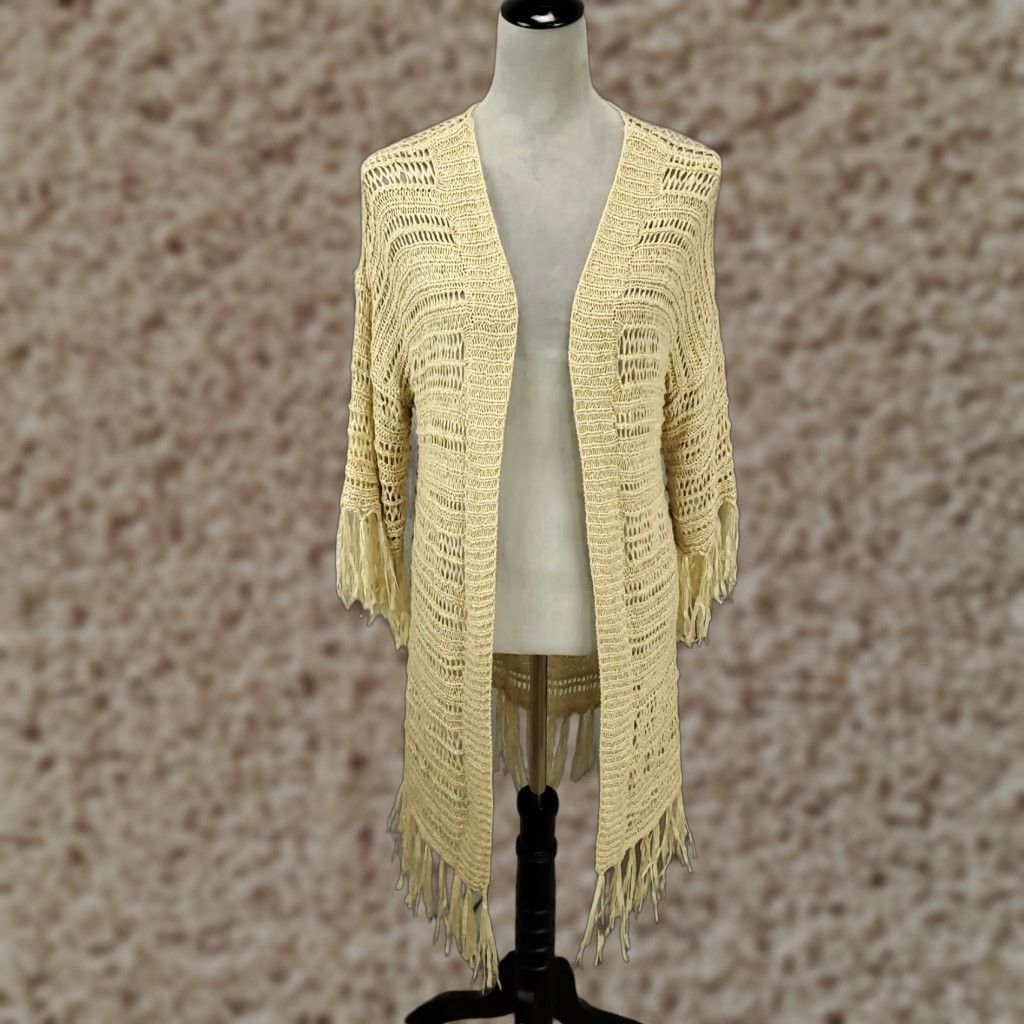 Vintage UMGEE Women's Cardigan Beige Long Sleeve Knit Sweater with Fringe Accents Size L Bohemian Size L / US 10 / IT 46 - 1 Thumbnail